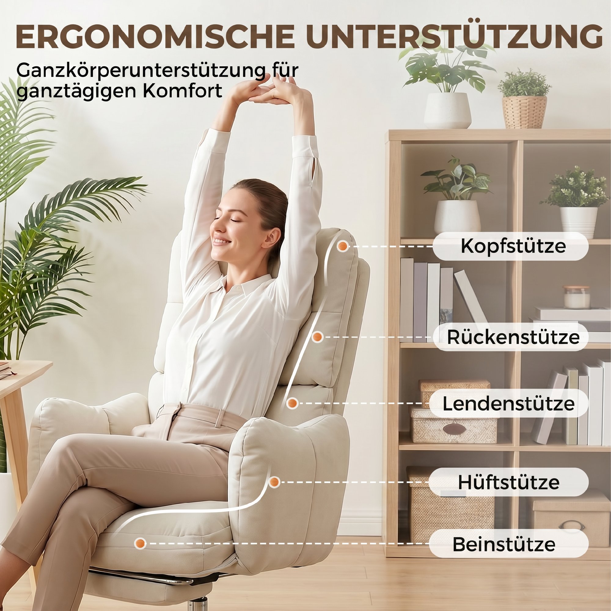 Bürostuhl mit Fußstütze, Ergonomischer Drehstuhl mit Wippfunktion, Verstellbarer Hohe Rückenlehne, Schneeflanellstoff