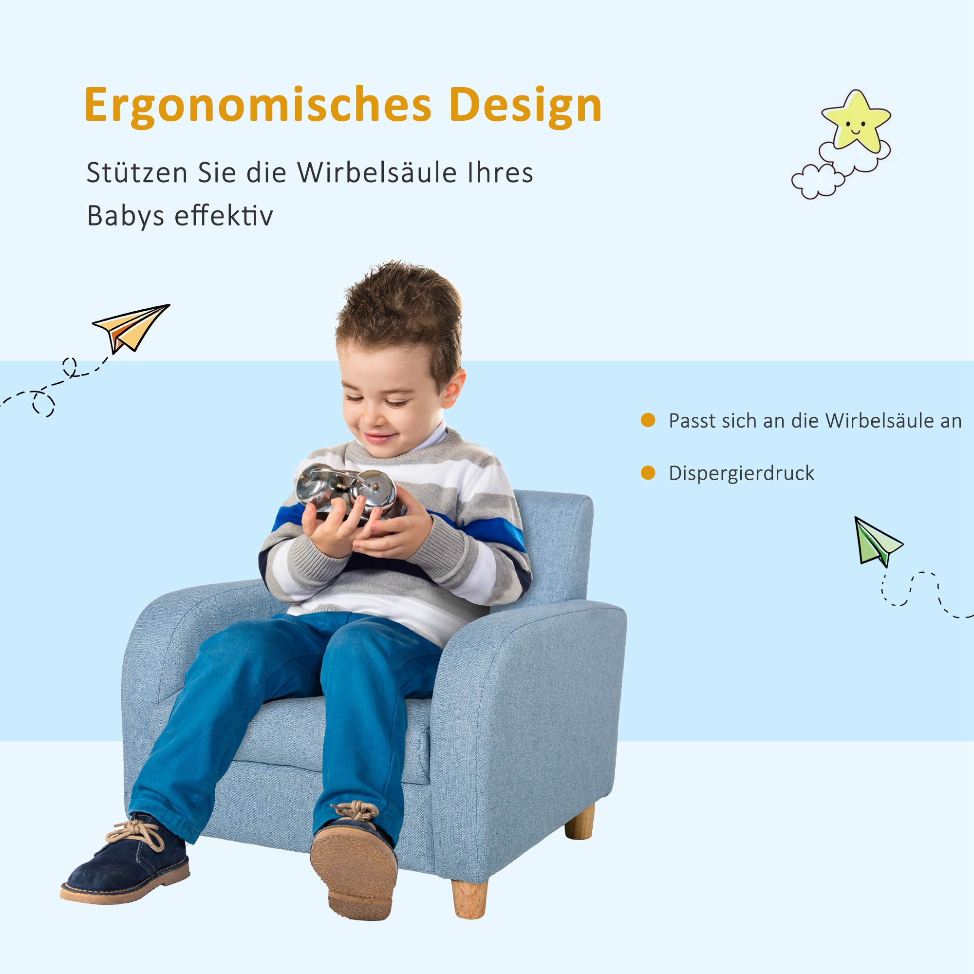 Kindersessel Kindersofa mit Leinen-Optik, massiven Holzfüßen Sessel aus Schaumstoff Kinderstuhl für Kinderzimmer, Spielzimmer, 49 x 45 x 44 cm, für Kinder 3-5 Jahre Blau