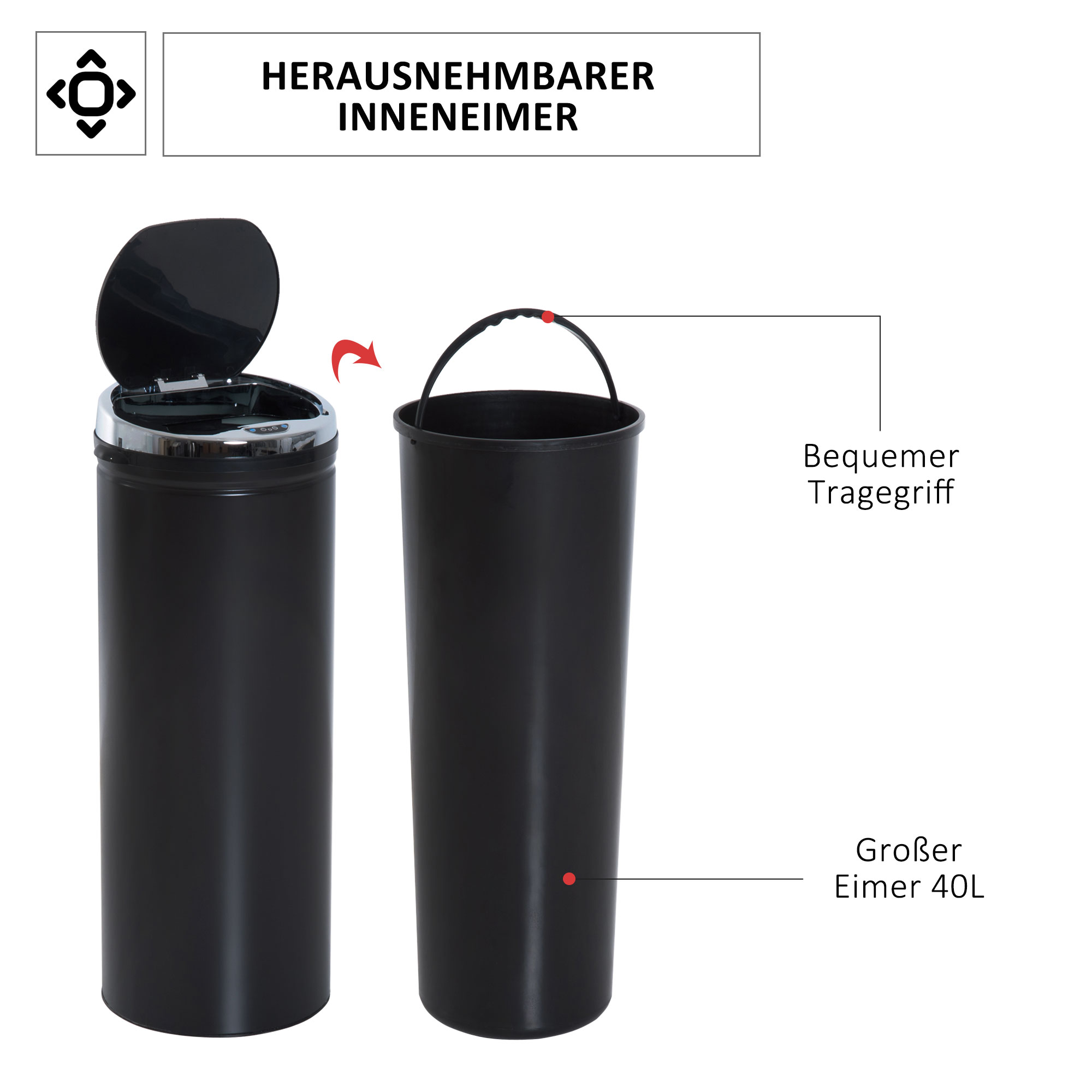 Abfalleimer mit Bewegungssensor, rostfreier Stahl, 30,5 cm x 30,5 cm x 81,5 cm, Schwarz