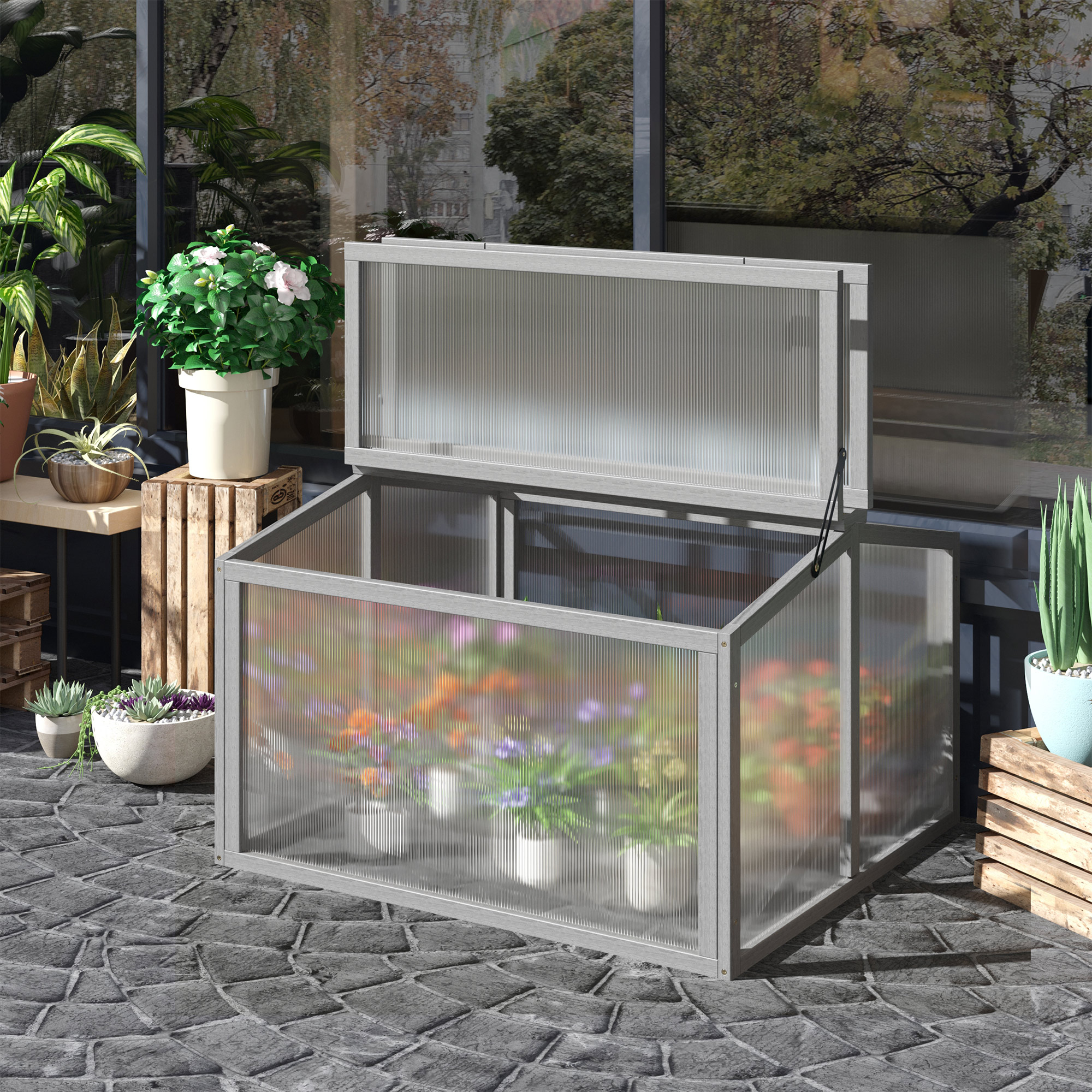 Frühbeet Treibhaus Gewächshaus Frühbeetkasten Pflanzenbeet mit Abdeckung aus Holz und Polycarbonat wetterfest Hellgrau 90 x 80 x 58 cm