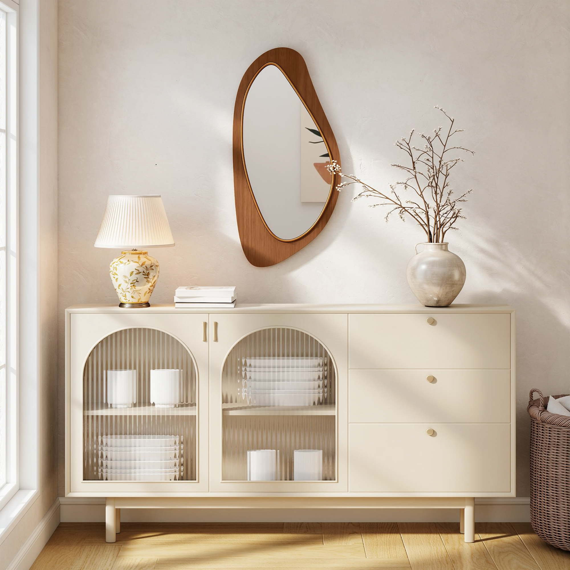 Wandspiegel Fenster Spiegel mit Kieferfurnierrahmen für Schlafzimmer Wohnzimmmer, 91,5 x 45 x 3 cm, Naturholz