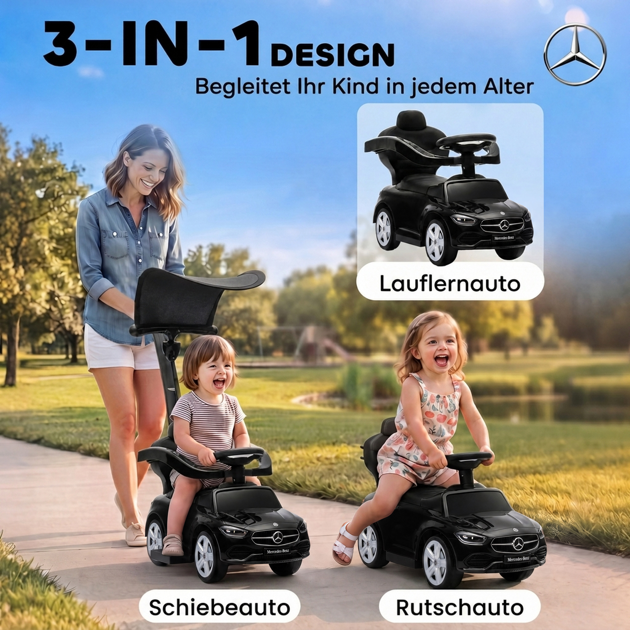 3-in-1 Rutschauto mit Schiebstange Mercedes-Benz Rutschfahrzeug mit Lenkrad Hupe Musik Dach Sitzstauraum Schwarz