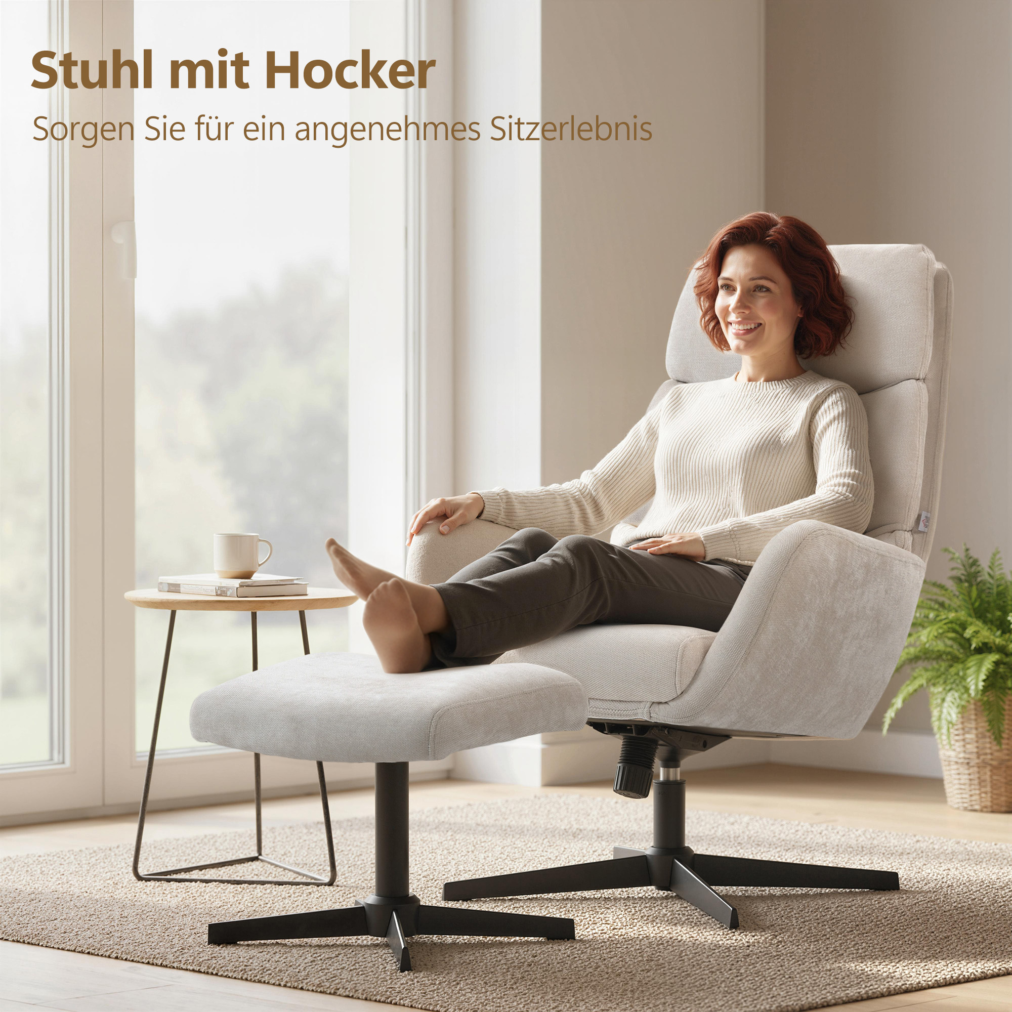 Polstersessel mit Fußhocker, Lounge-Sessel mit hoher Rückenlehne, Metallbasis, für Wohnzimmer, Schlafzimmer, Beige