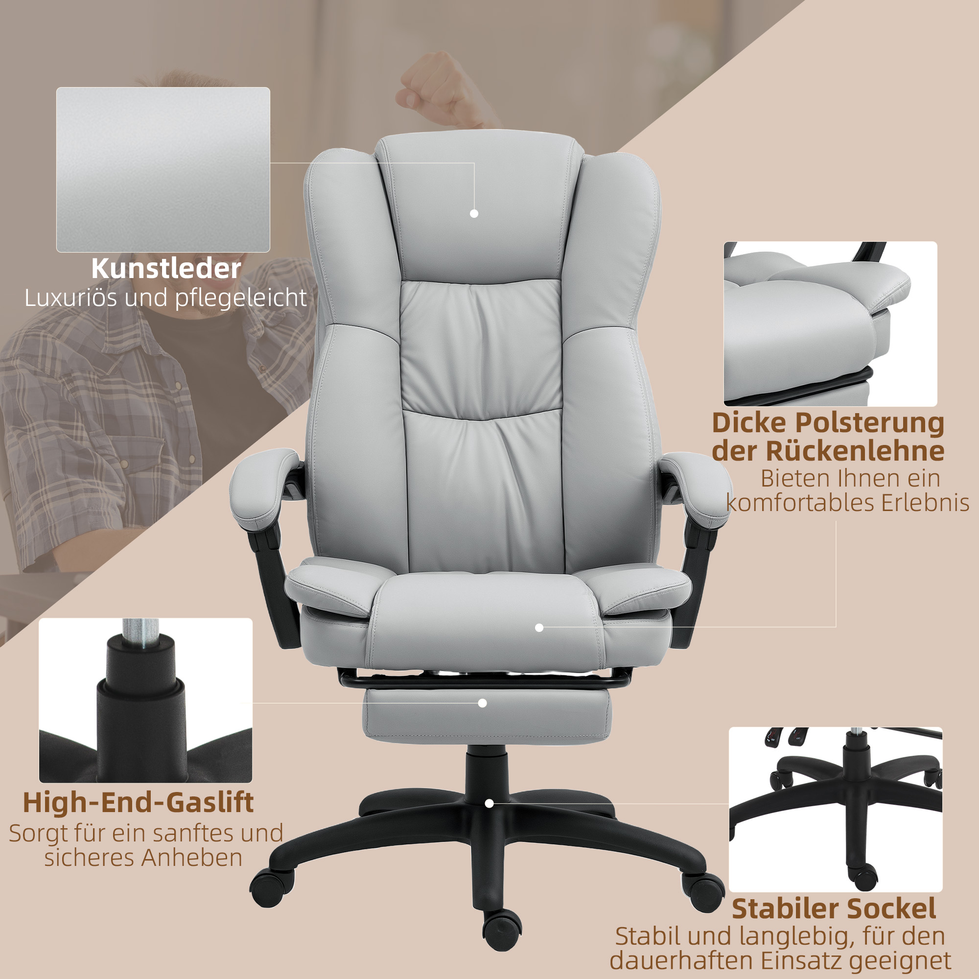 verstellbarer Drehstuhl mit Fußstütze, Kopfstütze, Massagefunktion, Kunstleder, 68,5x68,5x113-121cm
