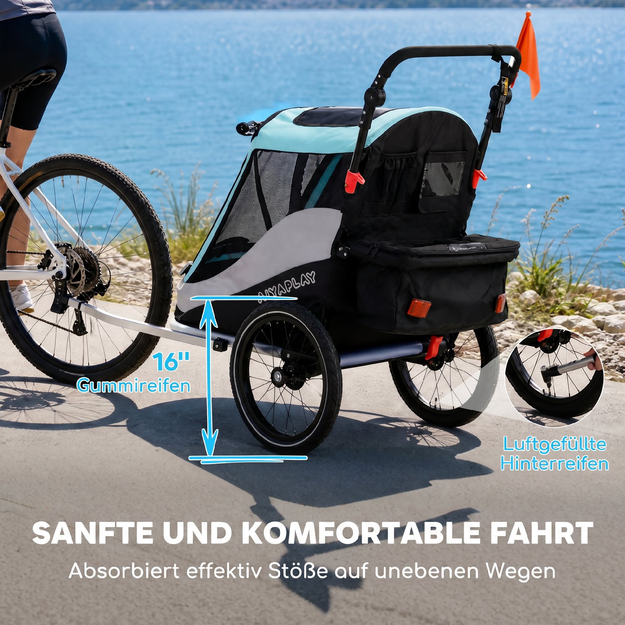 2 in 1 Fahrradanhänger & Buggy Faltbar Kinderfahrradanhänger mit 5-Punkt Gurt Reflektoren 16-Zoll-Luftreifen Bremse