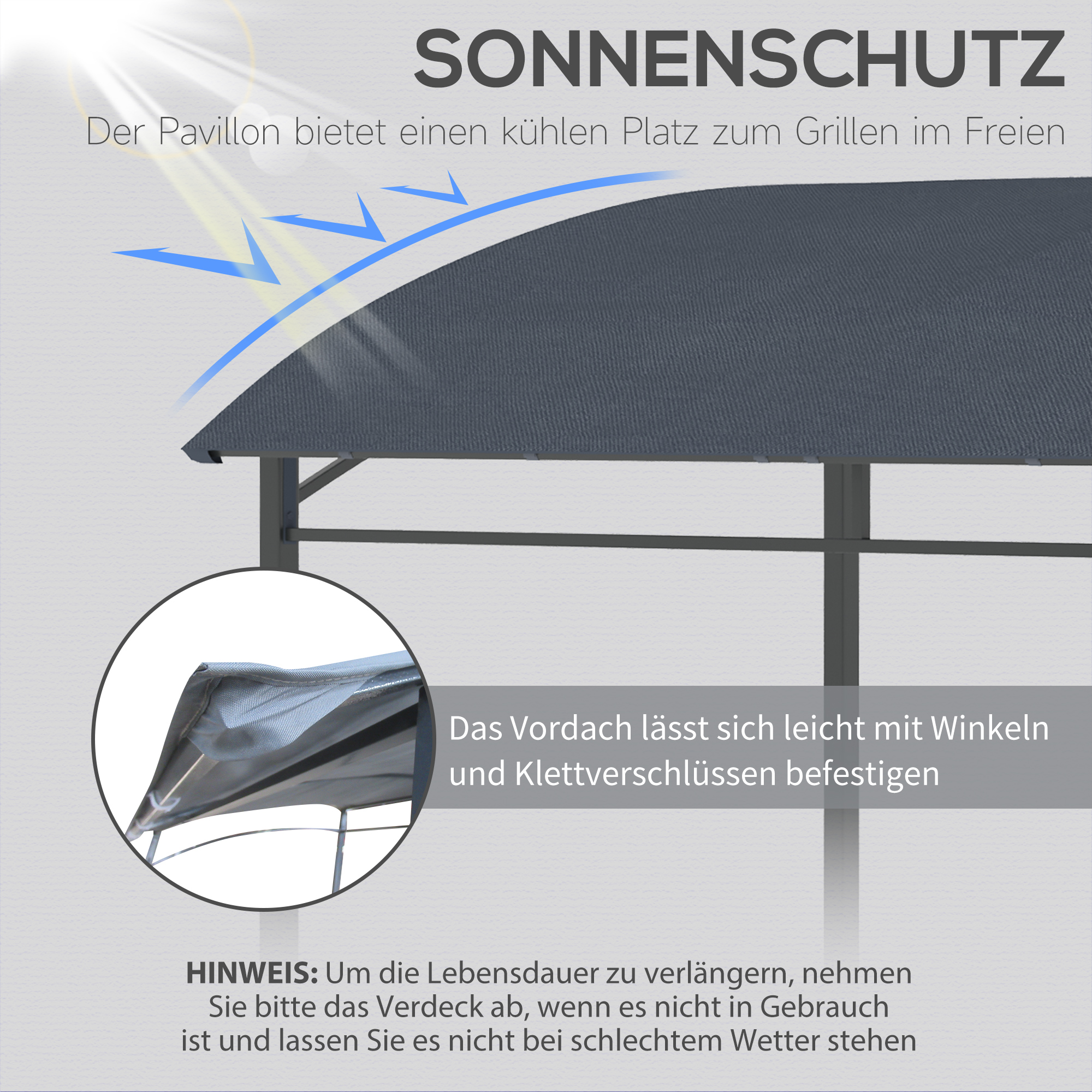 Grillpavillon, Grillüberdachung, Regenschutz, Haken für Utensilien, Stahlrahmen, grau, 215 x 150 x 174/220 cm