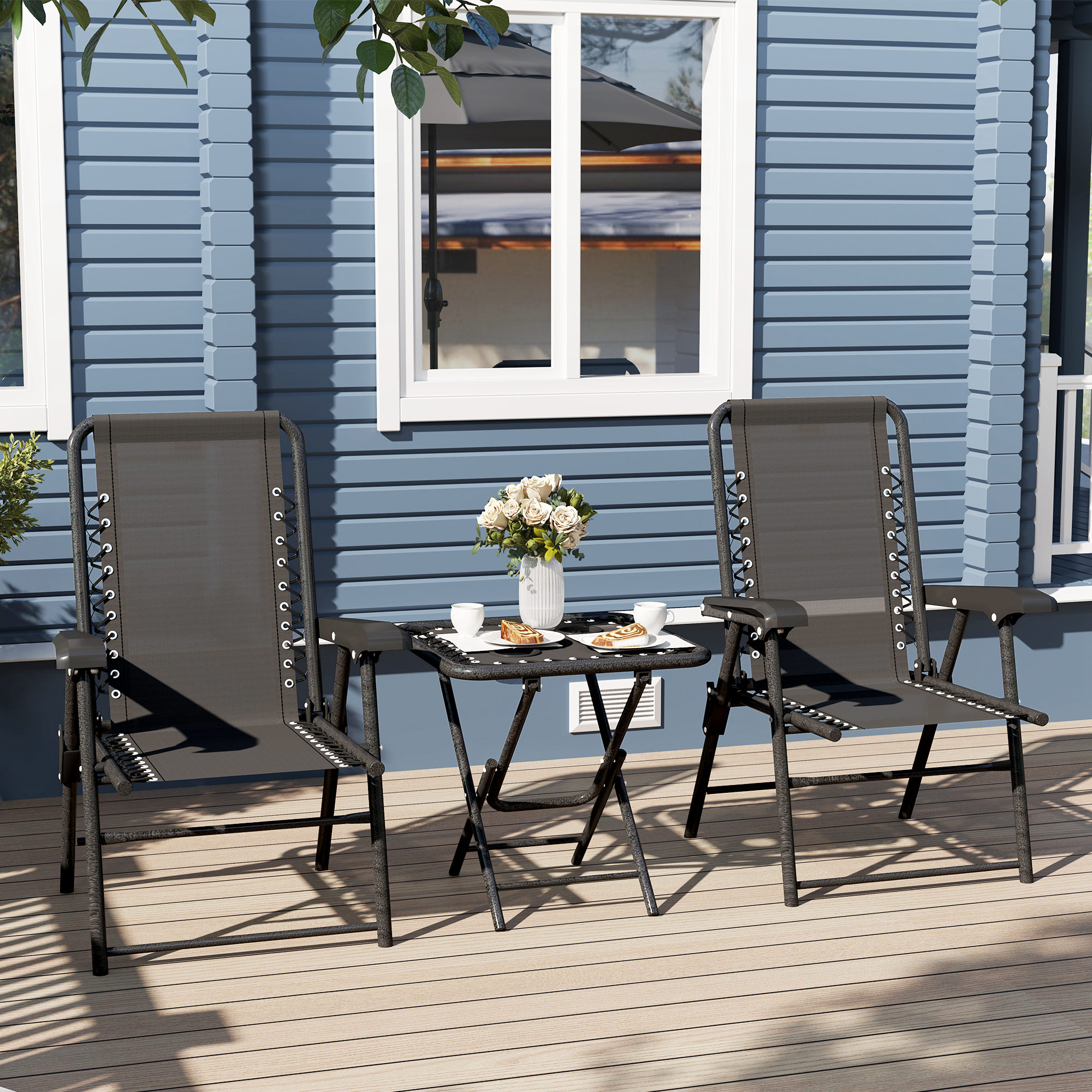 Bistro Set 3-teilig aus Stahl Wetterfest Gartenmöbel Set mit klappbar Bistrotisch Becherhalter Gartenstühlen Schwarz