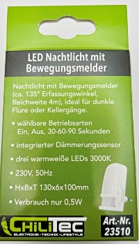 LED Nachtlicht mit Bewegungsmelder, 230V, Licht Warmweiß, On/Off/Auto