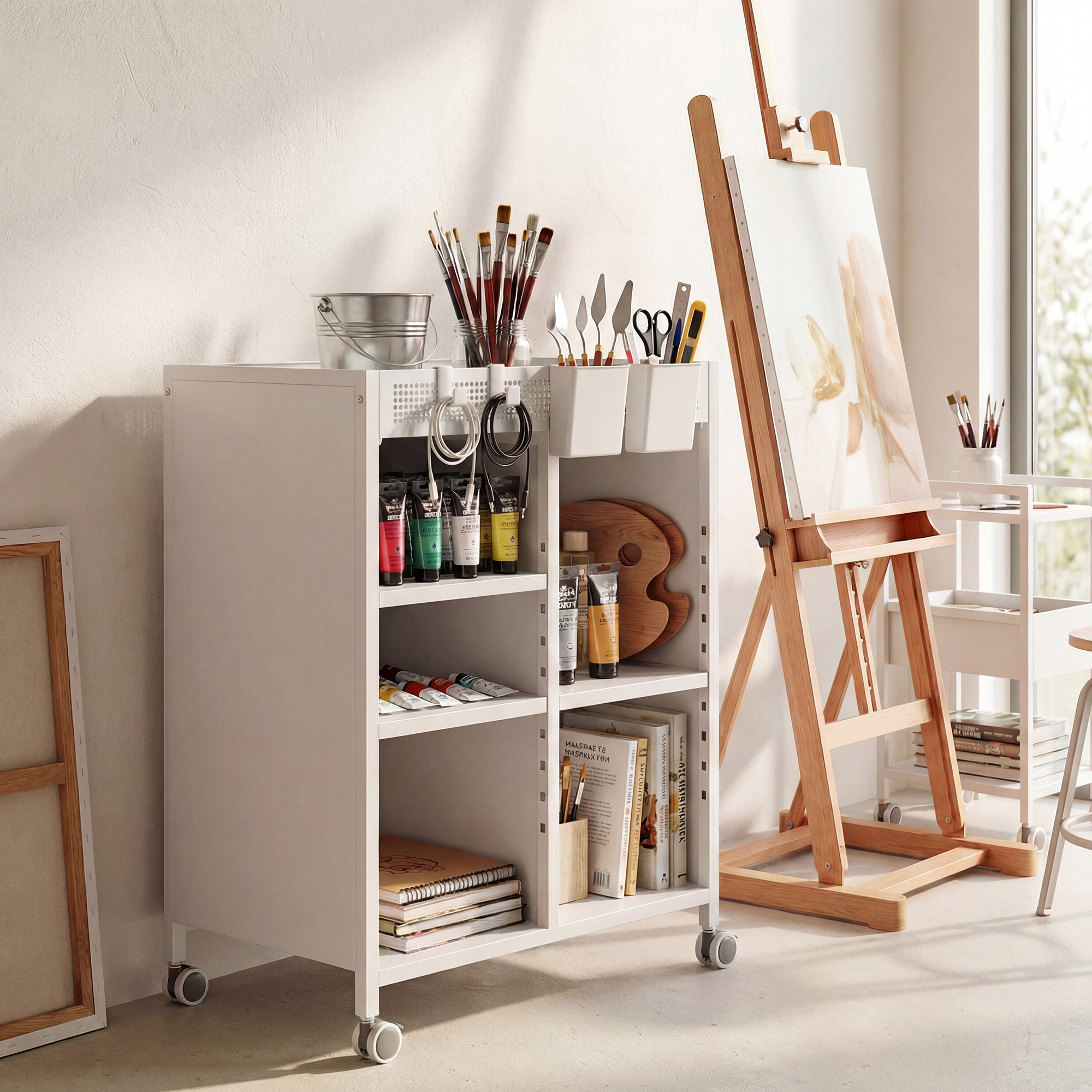 Bücherregal auf Rollen, 4-stufig, verstellbare Regalböden & Hängekörbe für Home Office und Wohnzimmer, Weiß