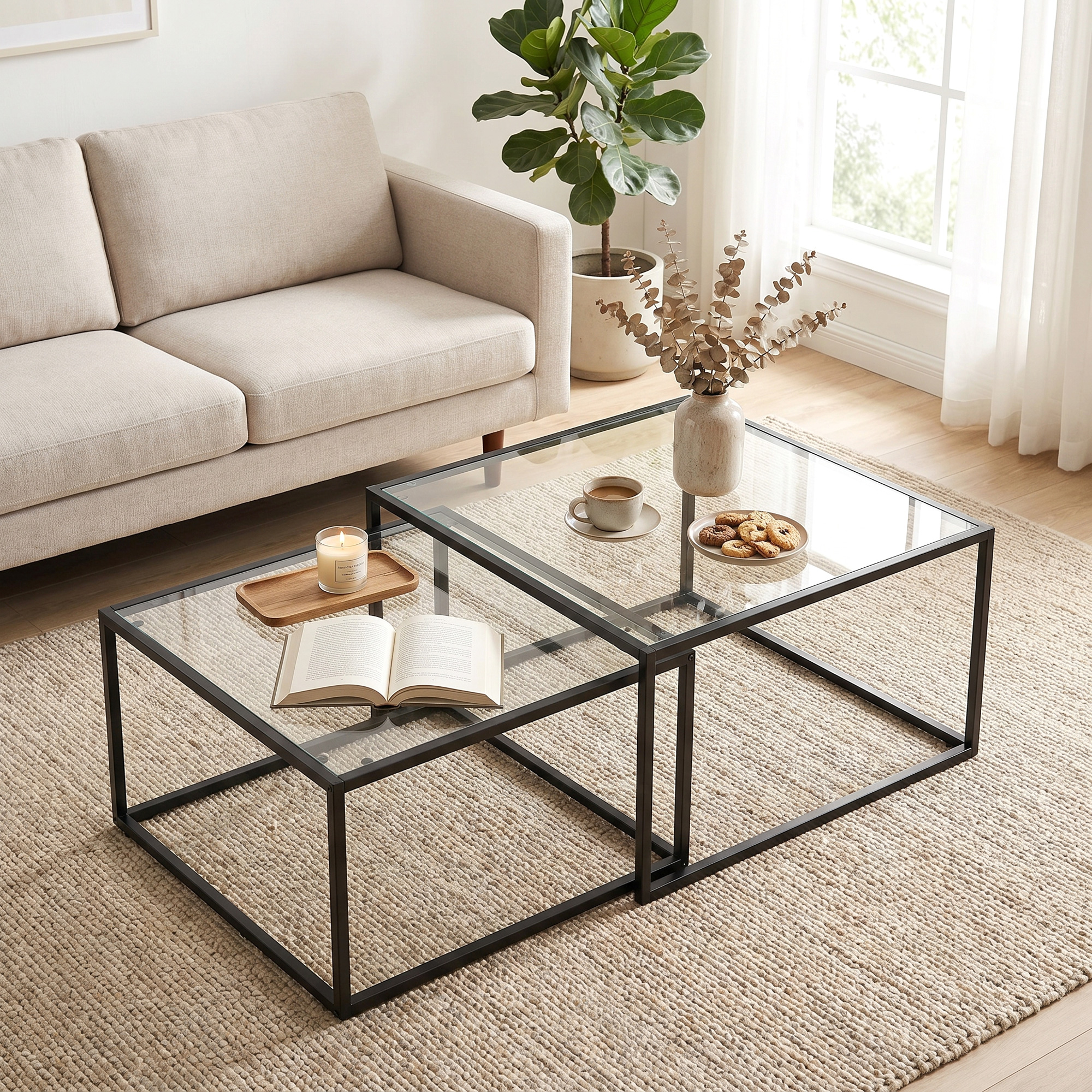 Couchtische 2er-Set Runder Satztisch mit gehärteter Glasplatte und Metallrahmen, für Wohnzimmer Schwarz