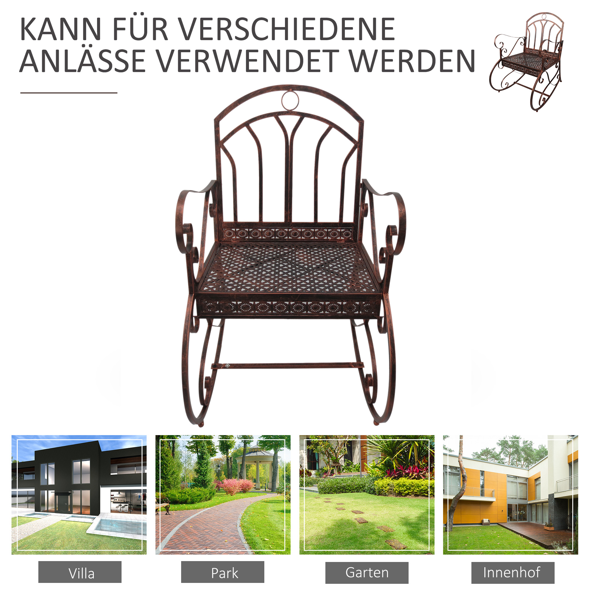 Schaukelstuhl Gartenstuhl, Vintage-Design, 61cm x 79cm x 90cm, Braun + Schwarz
