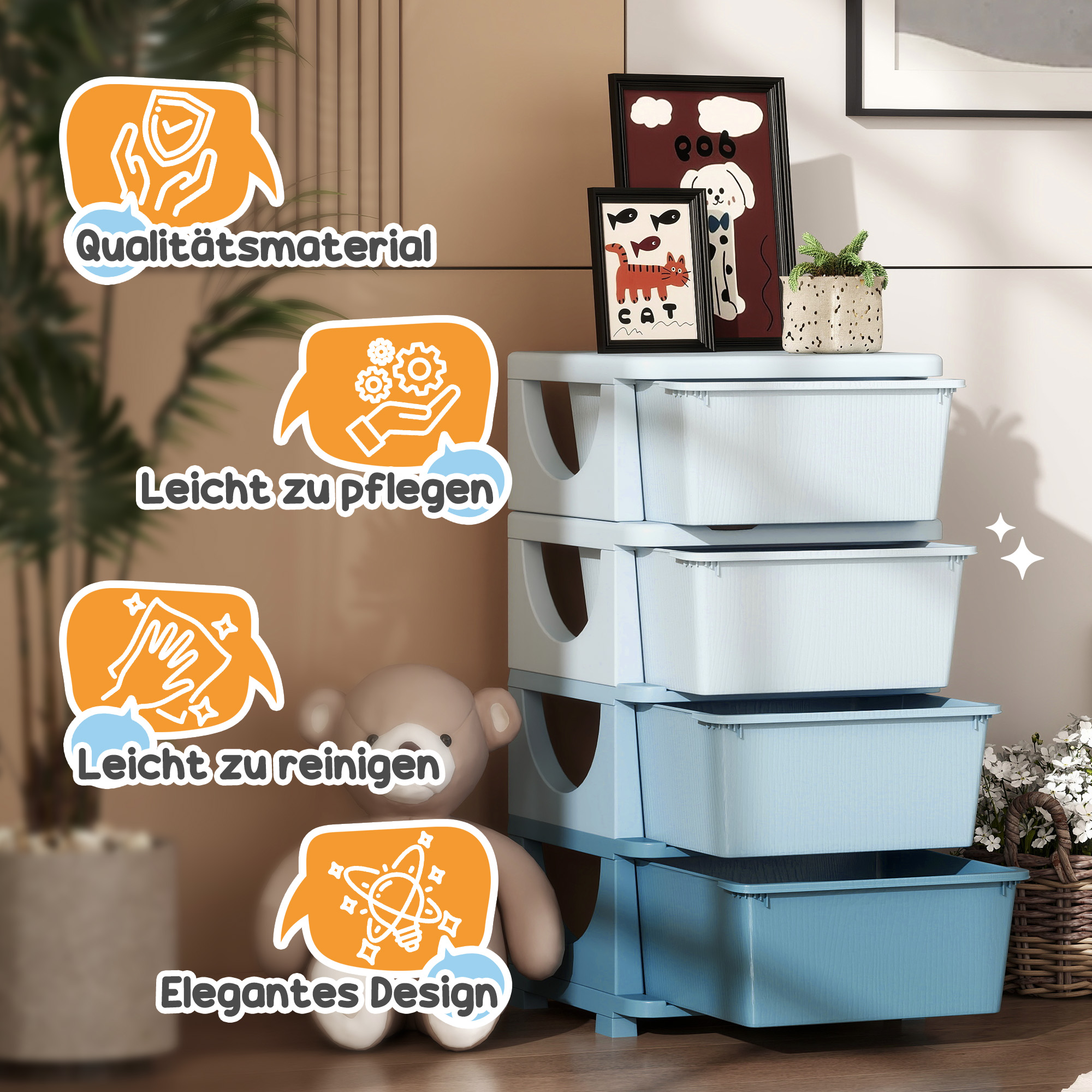 Aufbewahrungsboxen für Kinder, 4 Schubladen, abgerundete Kanten, erhöhtes Design, Kunststoff, Blau