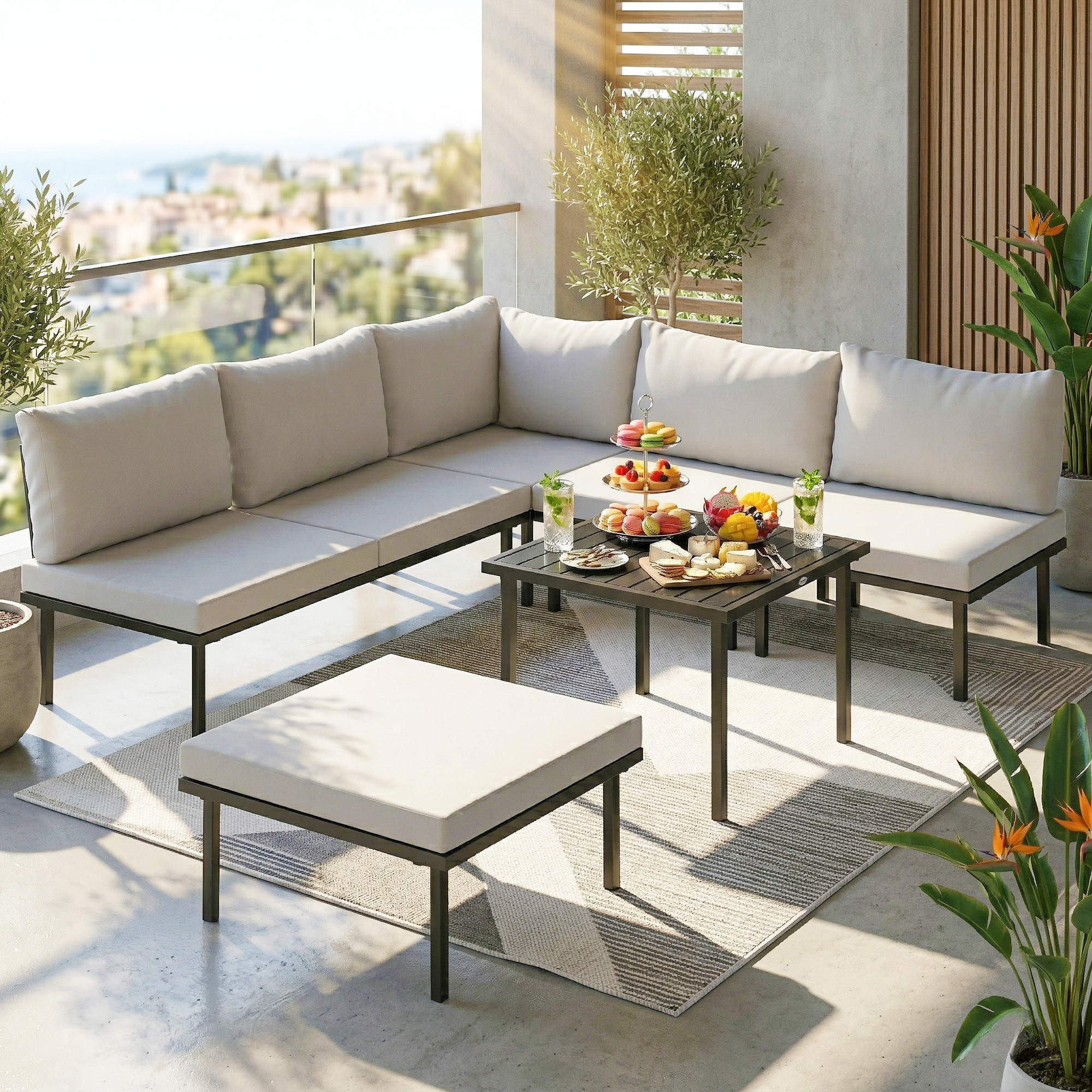 Lounge Gartenmöbel Set 5-6 Personen Gartenlounge Set mit 2 Sitzer Gartensofa 2 Stühle Eckstuhl Lamell-Tisch Fußhocker