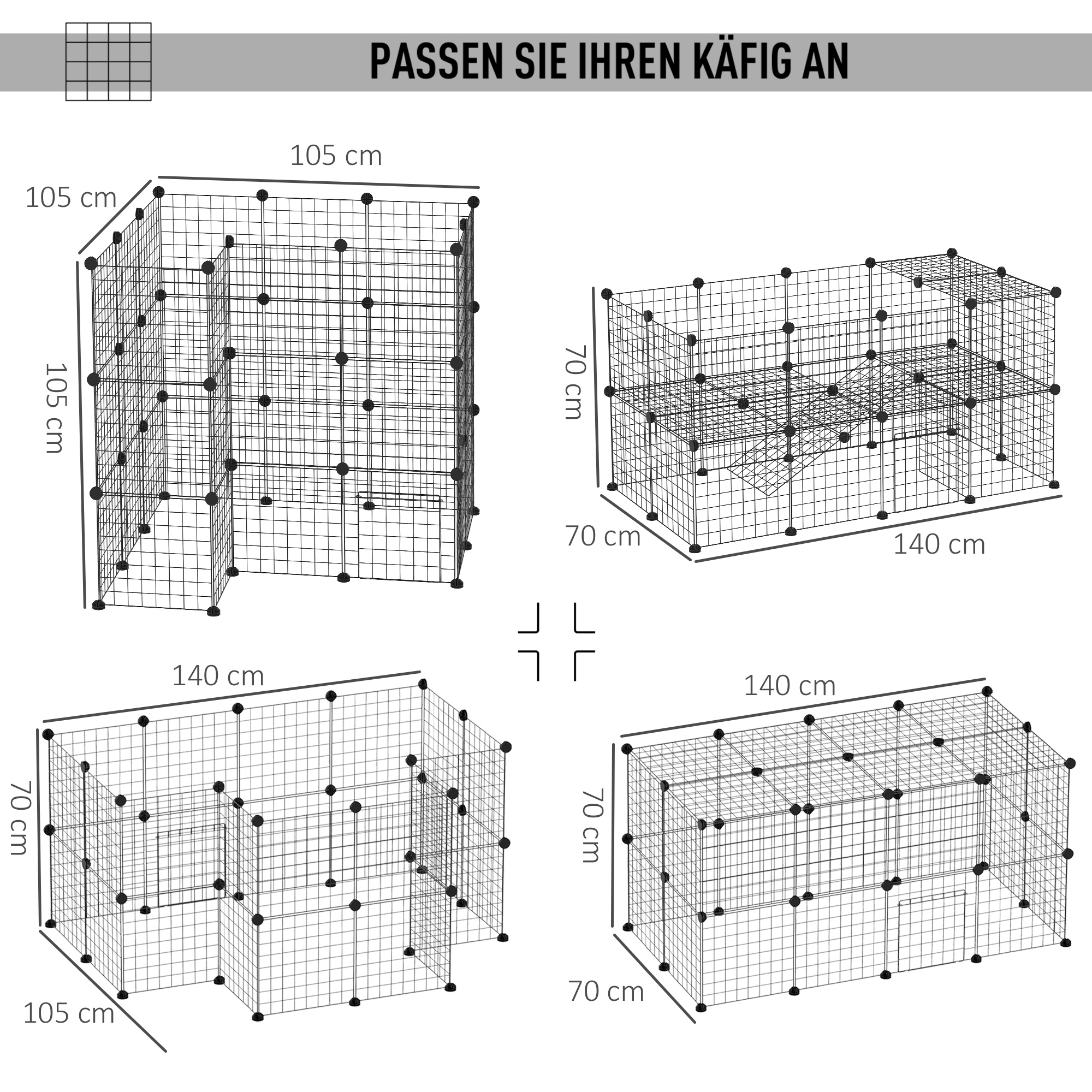 Freigehege, Freilaufgehege, Laufstall mit 36 Platten, Kleintiergehege für Kleintiere, Meerschweinchen, Gehege für innen und außen, Metallgitter, 146 x 73 x 73 cm, Schwarz