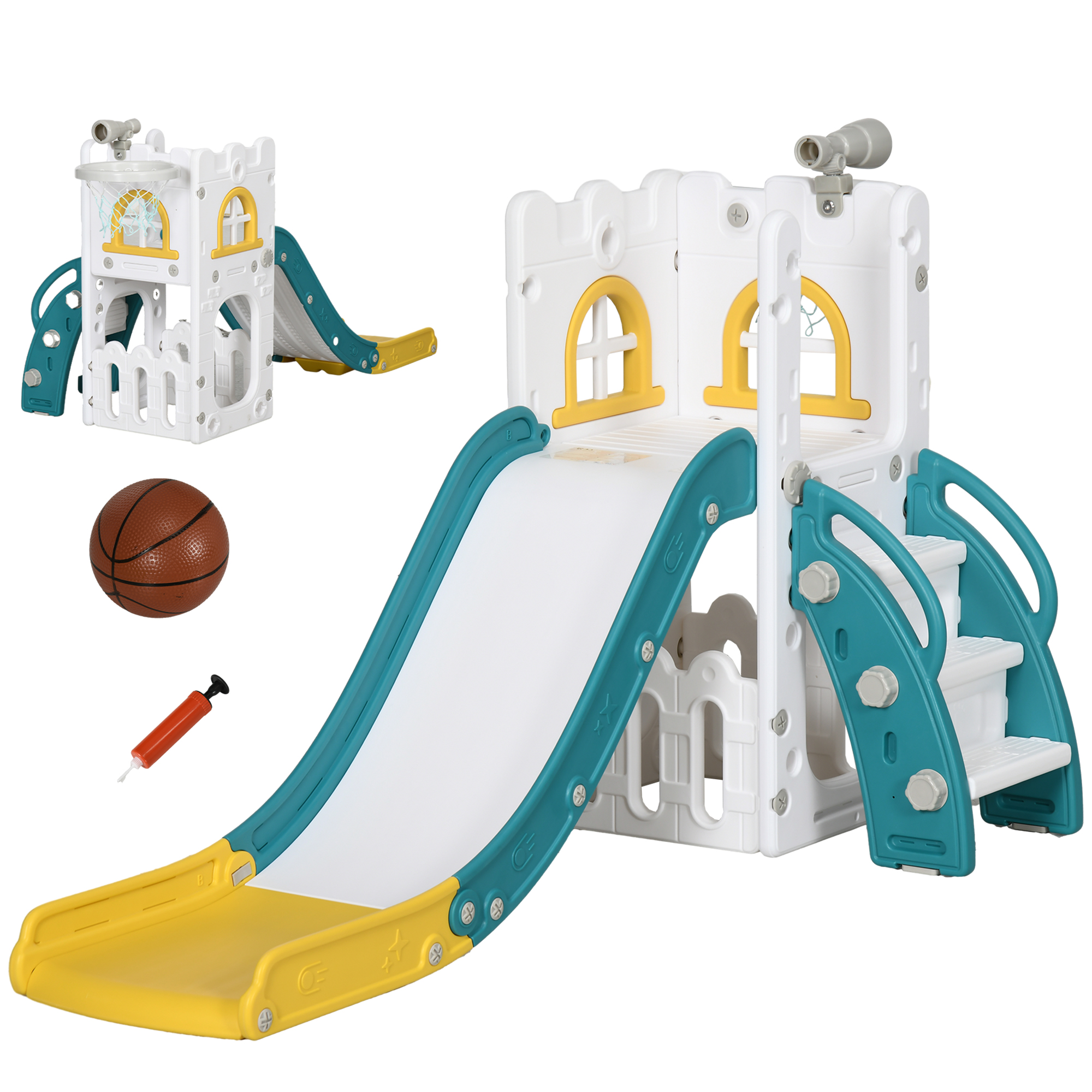 Kinderrutsche, 5 in 1, Kleinkinderrutsche mit Basketballkorb, Teleskop Klettergerüst Gelb 70 x 177 x 92 cm