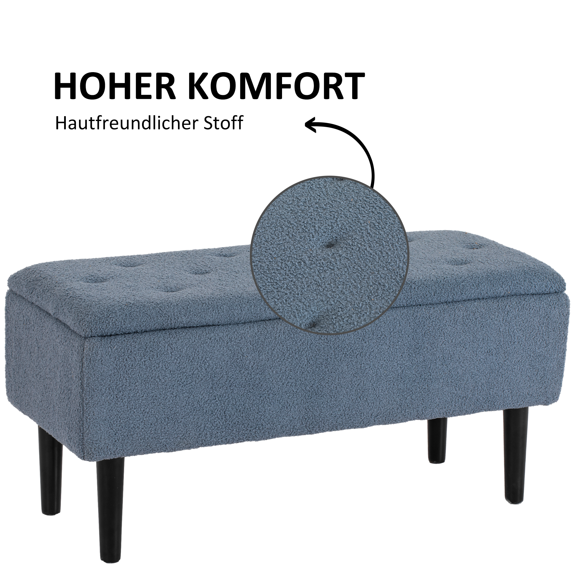 Polsterbank mit Stauraum, Sitztruhe, Kaschmiroptik, bis 120 kg, Naturholzrahmen, 95 x 38 x 45 cm, Blau