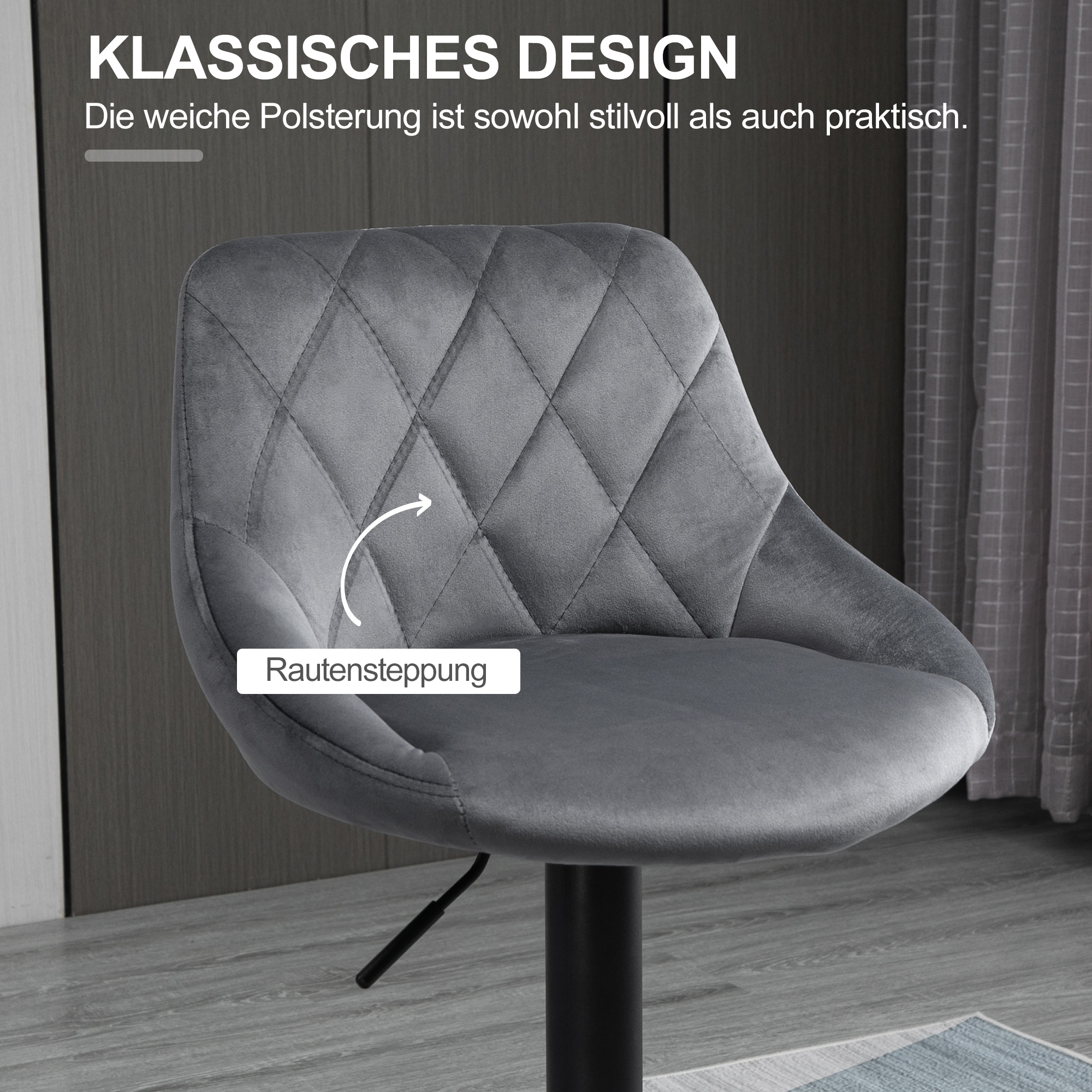 2er-Set Barhocker, Höhenverstellbare Barstuhl mit Lehne, Samtoptik, Metallgestell, Fußstütze, drehbare, Dunkelgrau