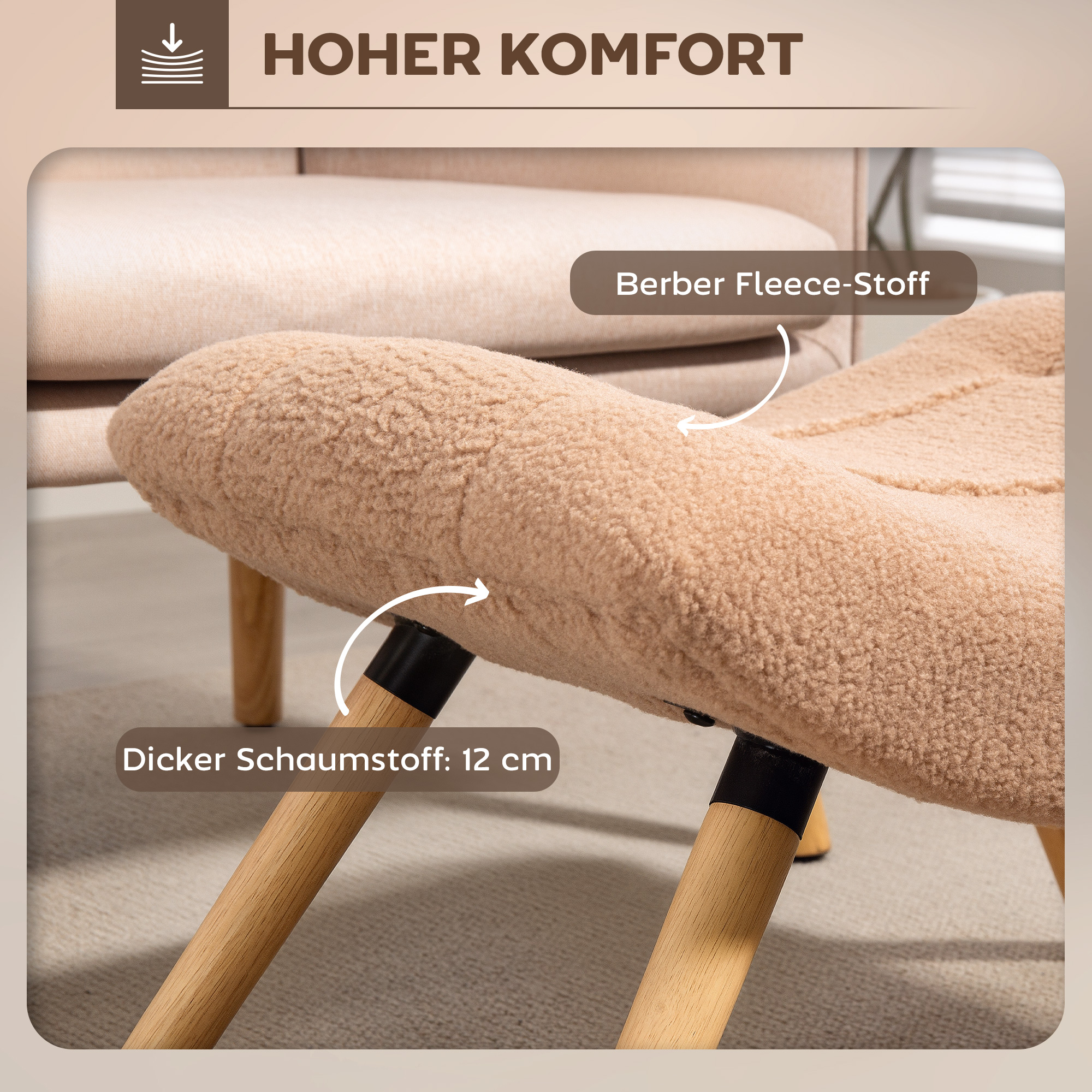 Moderner Fußhocker mit Fleece-Bezug und Holzbeinen, gepolstert, für Wohnzimmer, Schlafzimmer, Flur, Braun