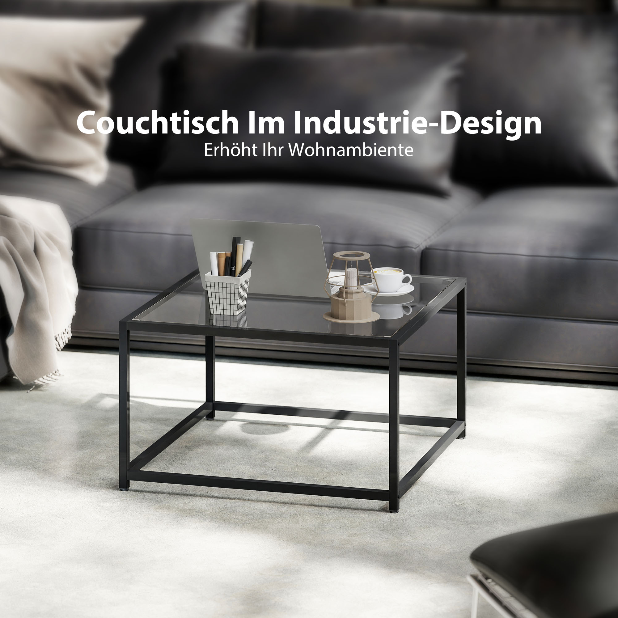Beistelltisch Quadratisch Nachttisch mit Hartglas-Tischplatte, Couchtisch mit Beinen aus Stahl 68 x 68 x 39 cm Schwarz