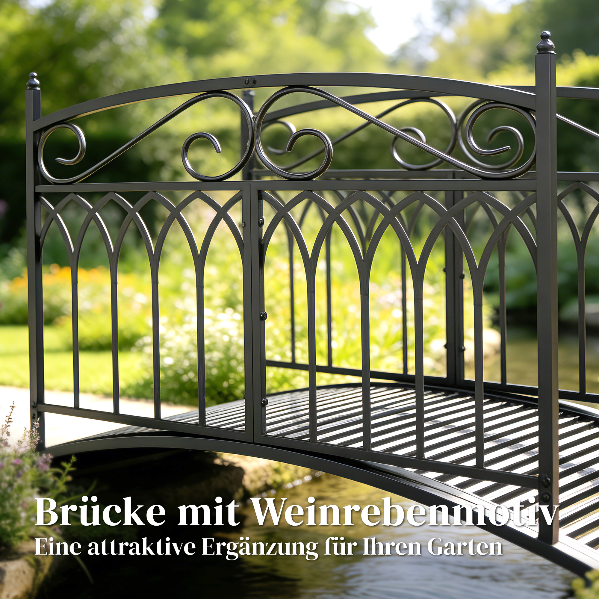 Gartenbrücke aus Metall 135,5 cm Teichbrücke mit Sicherheitsgeländern Antik-Optik Rostbeständig einfache Montage