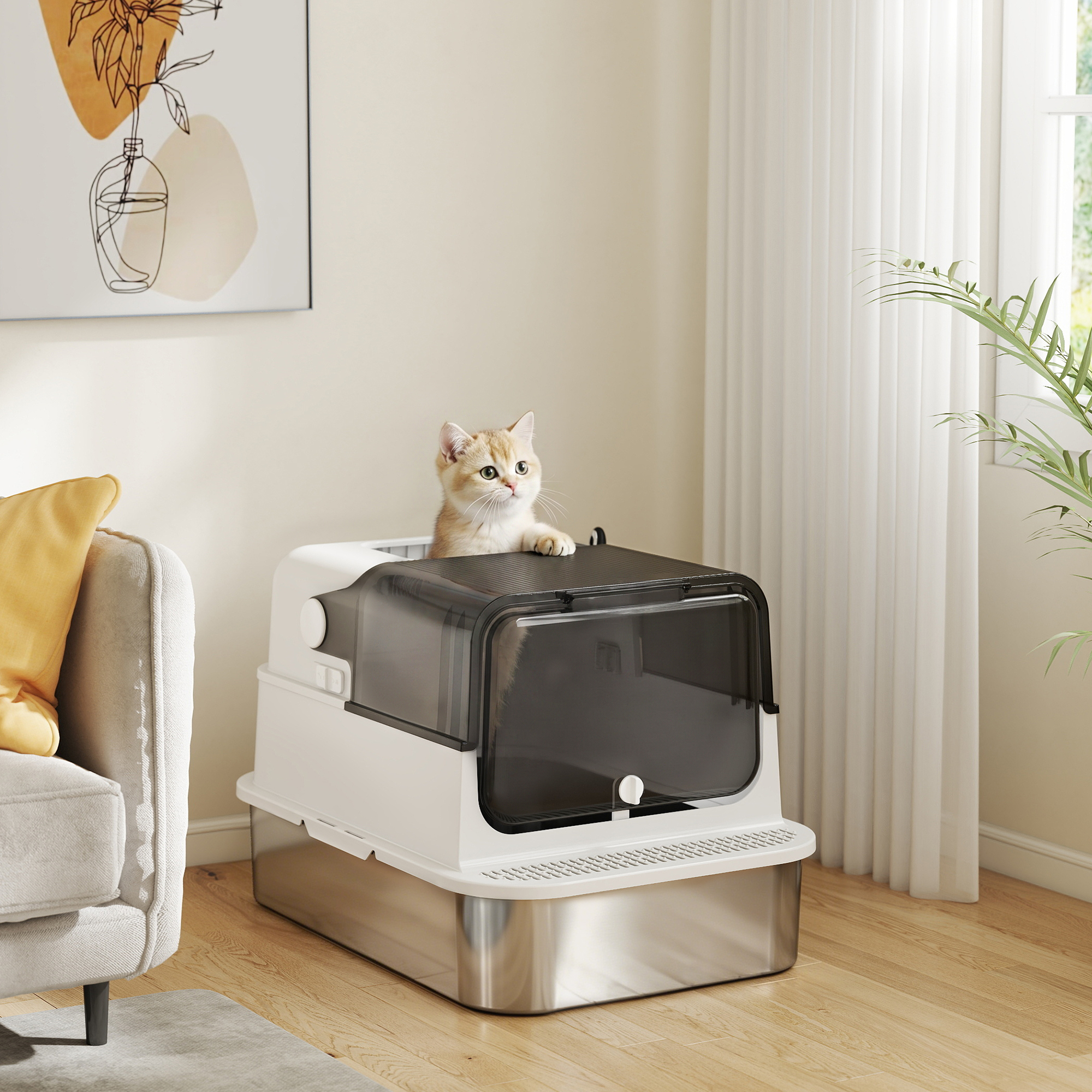 Katzenklo Edelstahl mit Deckel XXL 72L für große Katzen und Mehrere Katzen mit Doppeltüren Schaufel Pedal Anti-Leck