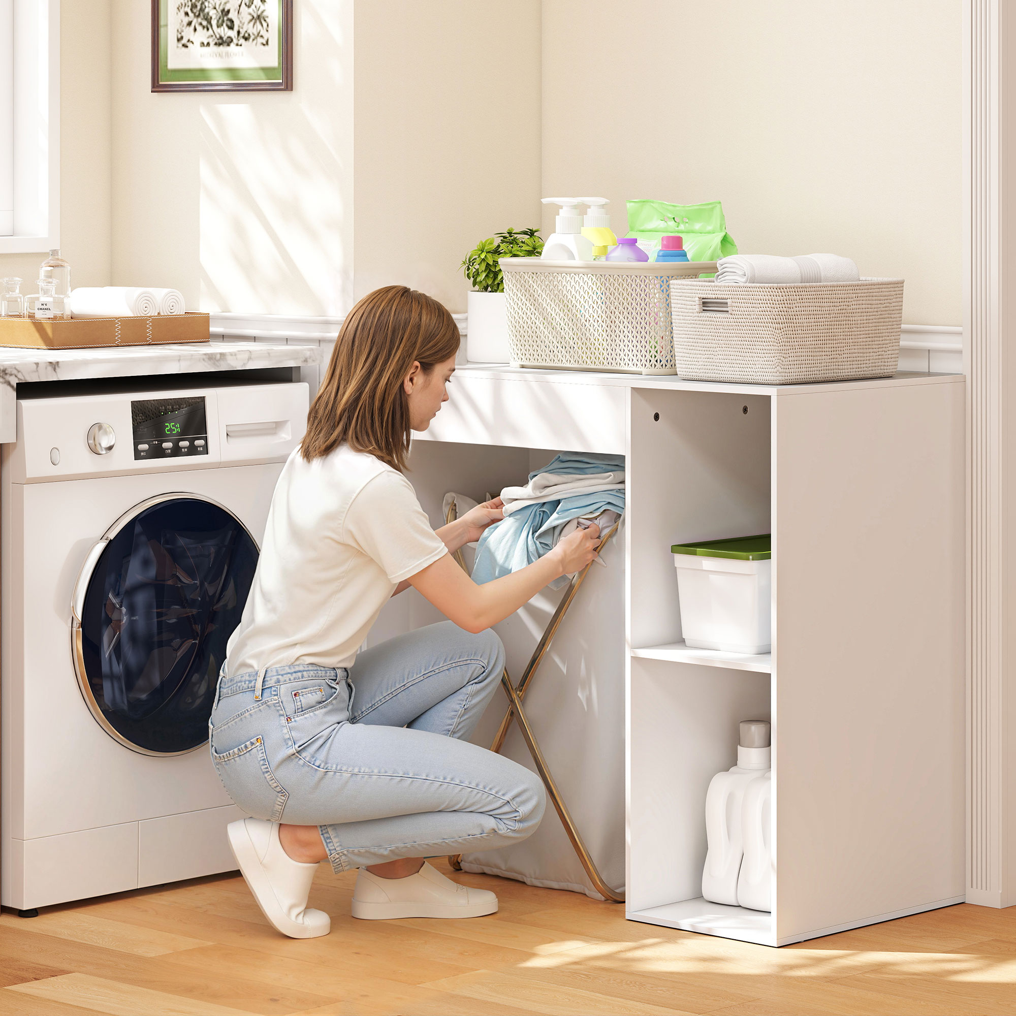 Schrank über Waschmaschine, Bad-Organizer über Toilette mit offenen Ablagefächern für Waschraum, Weiß