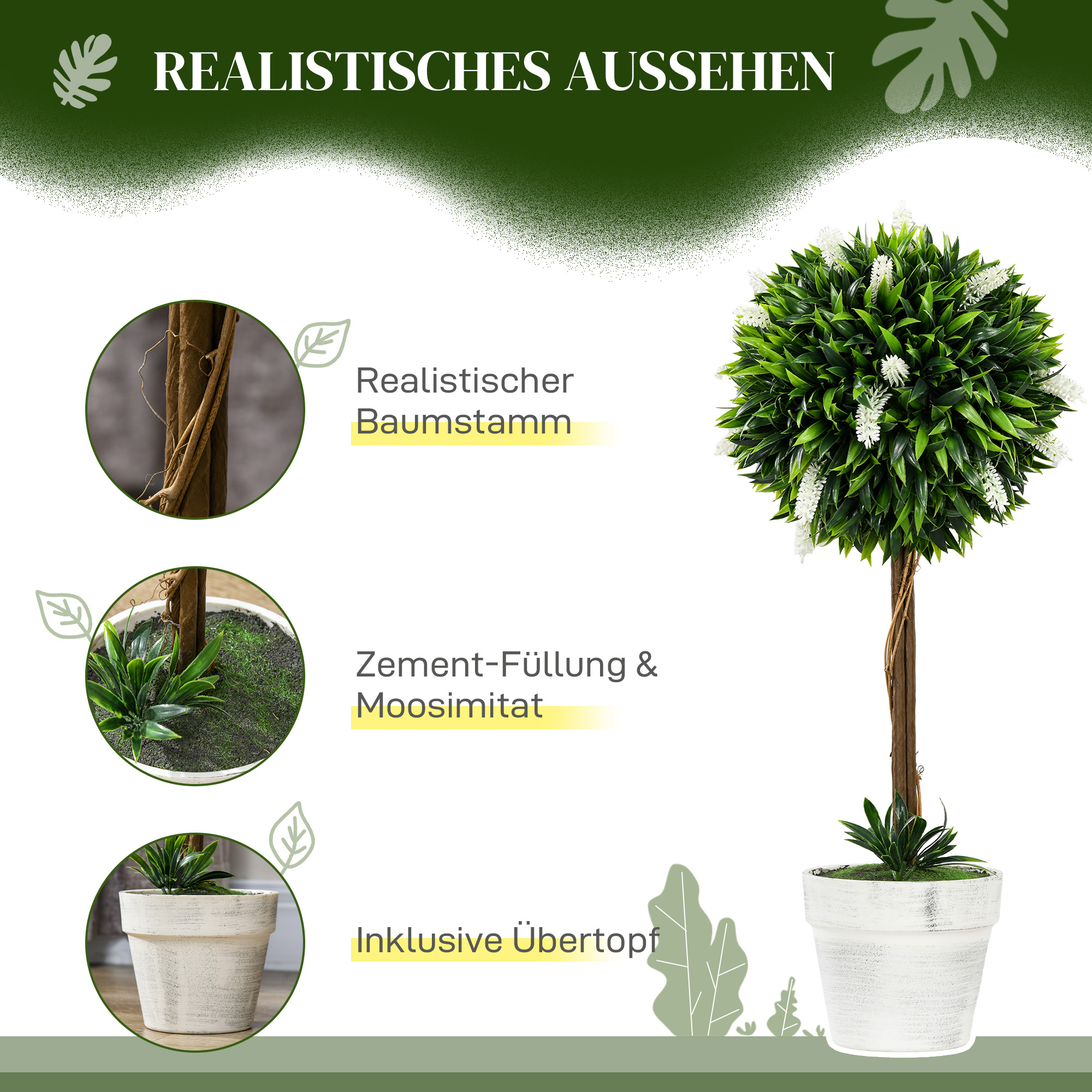 2er-Set Lavendel Kunstbaum, 60 cm hoch, inkl. Topf und Kunstmoos, Weiß