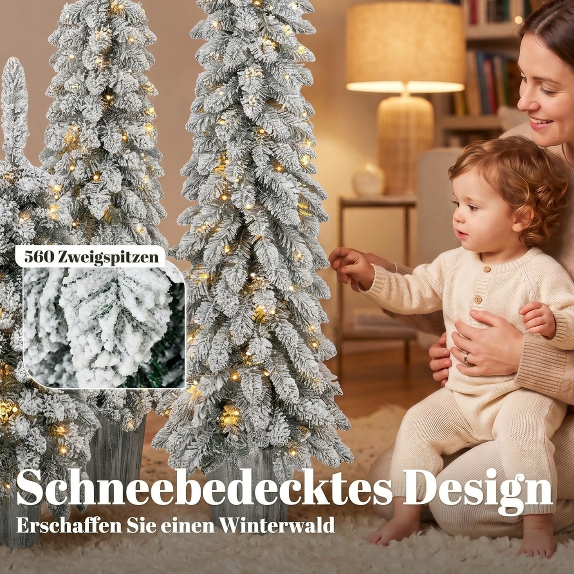 3er-Set beschneite künstliche Weihnachtsbäume, vorbeleuchtet mit PVC-Zweigspitzen und warmweißen LED-Lichtern