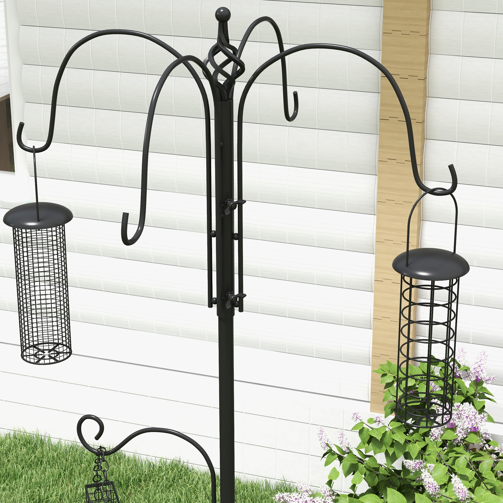 Vogel Futterstation 226 cm Vogelfutterstation mit 6 Haken, 4 hängenden Futterspendern Erdspieß, Freistehend