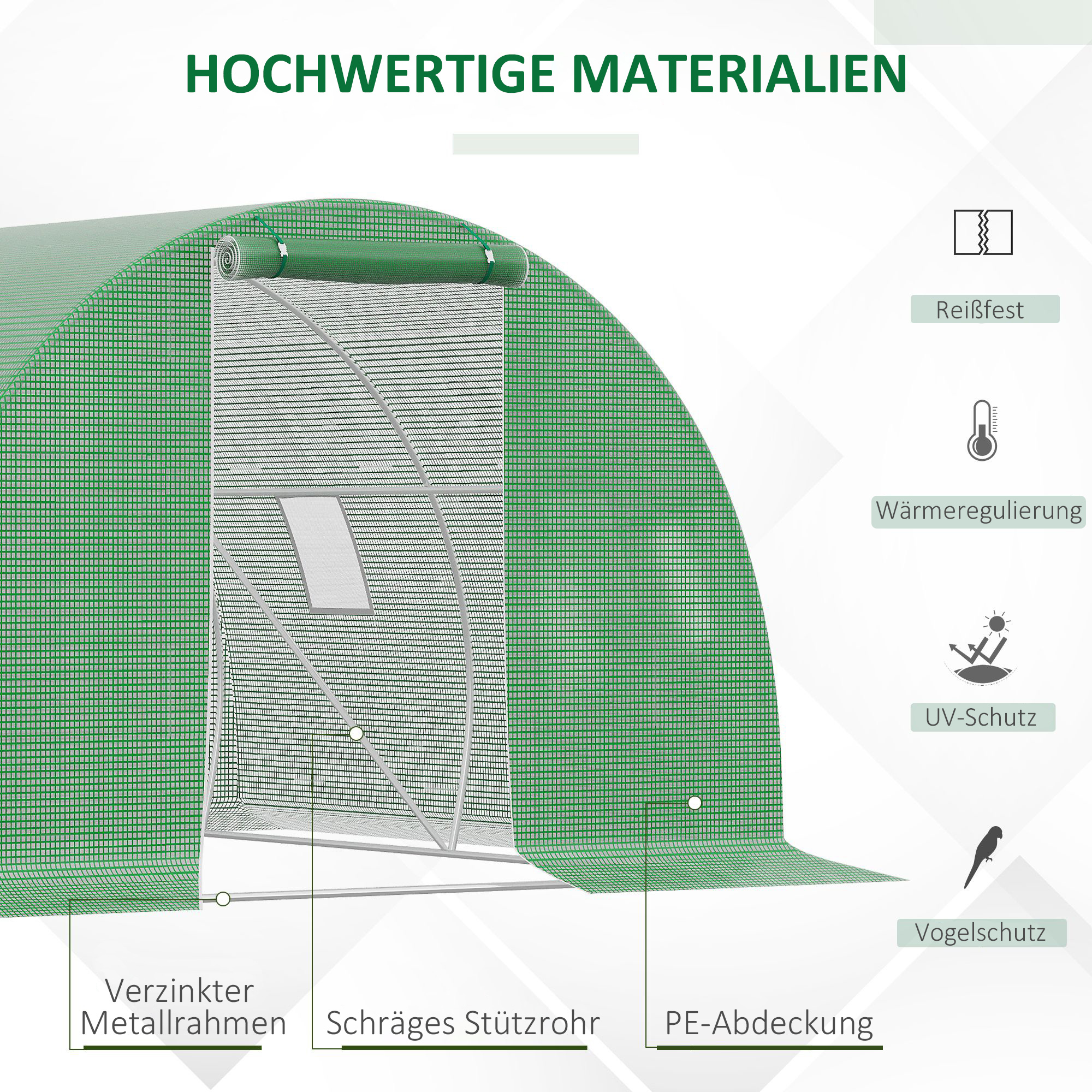 Foliengewächshaus begehbares Polytunnel 3 x 3 m Gewächshaus mit 4 Fenster Treibhaus Frostschutz Stahlrohr Dunkelgrün
