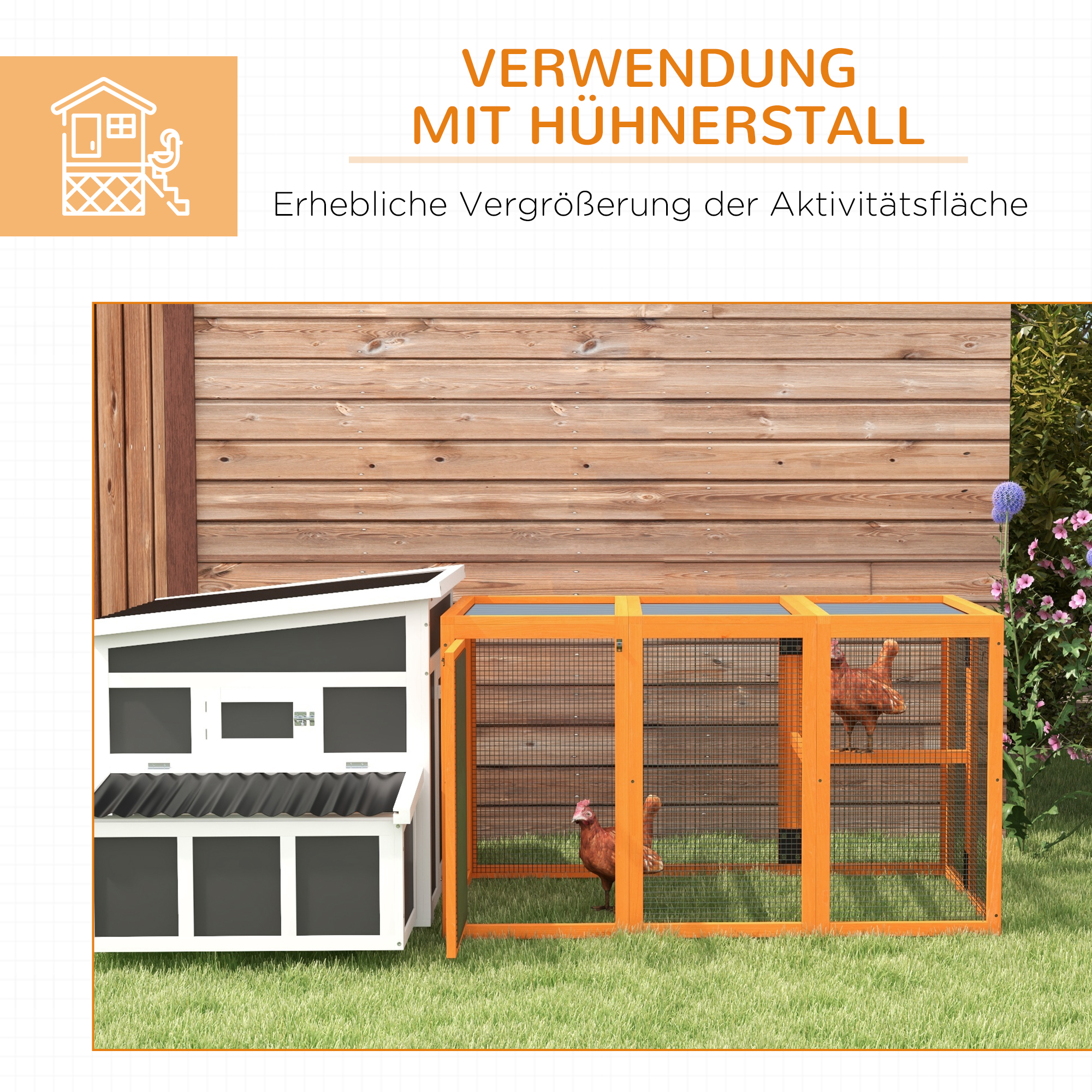Hühnerstall für 1-3 Hühner, Holzrahmen, Stahldraht, erweiterbares Design, Holzsitzstangen, Orange