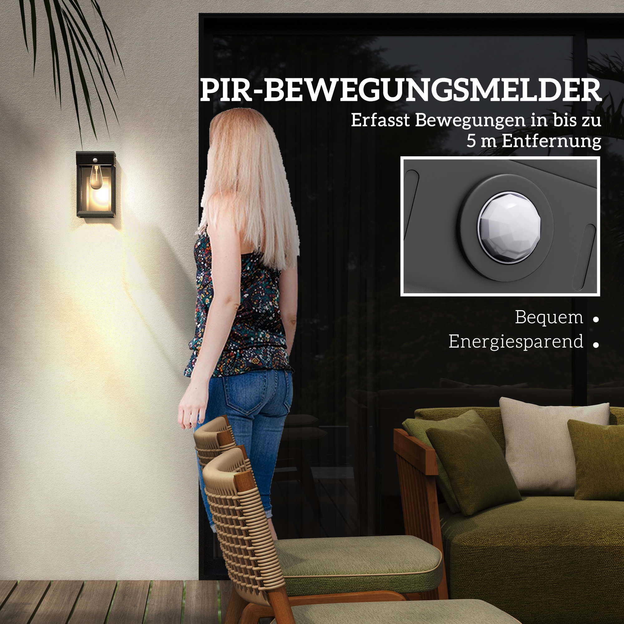 Garten-Solarlicht Außenleuchte Solarlampe, Spritzwassergeschützt, Bewegungssensor, 14 cm x 24 cm x 24 cm, Schwarz