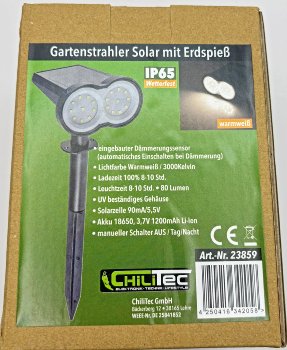 LED Solar Gartenstrahler mit Erdspieß / 80lm, Dämmerungssensor, IP65