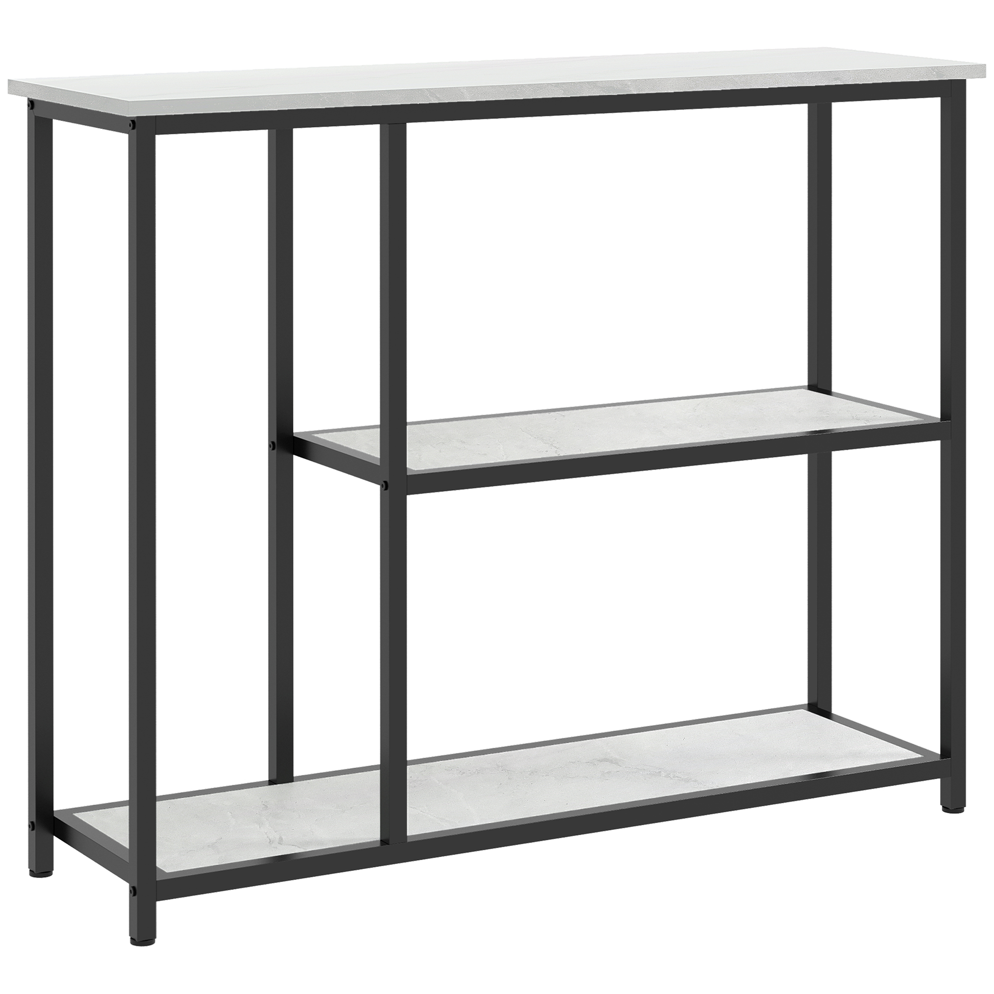 Konsolentisch im Industriedesign, 2 Regale, Marmor-Optik, Schwarz + Weiß