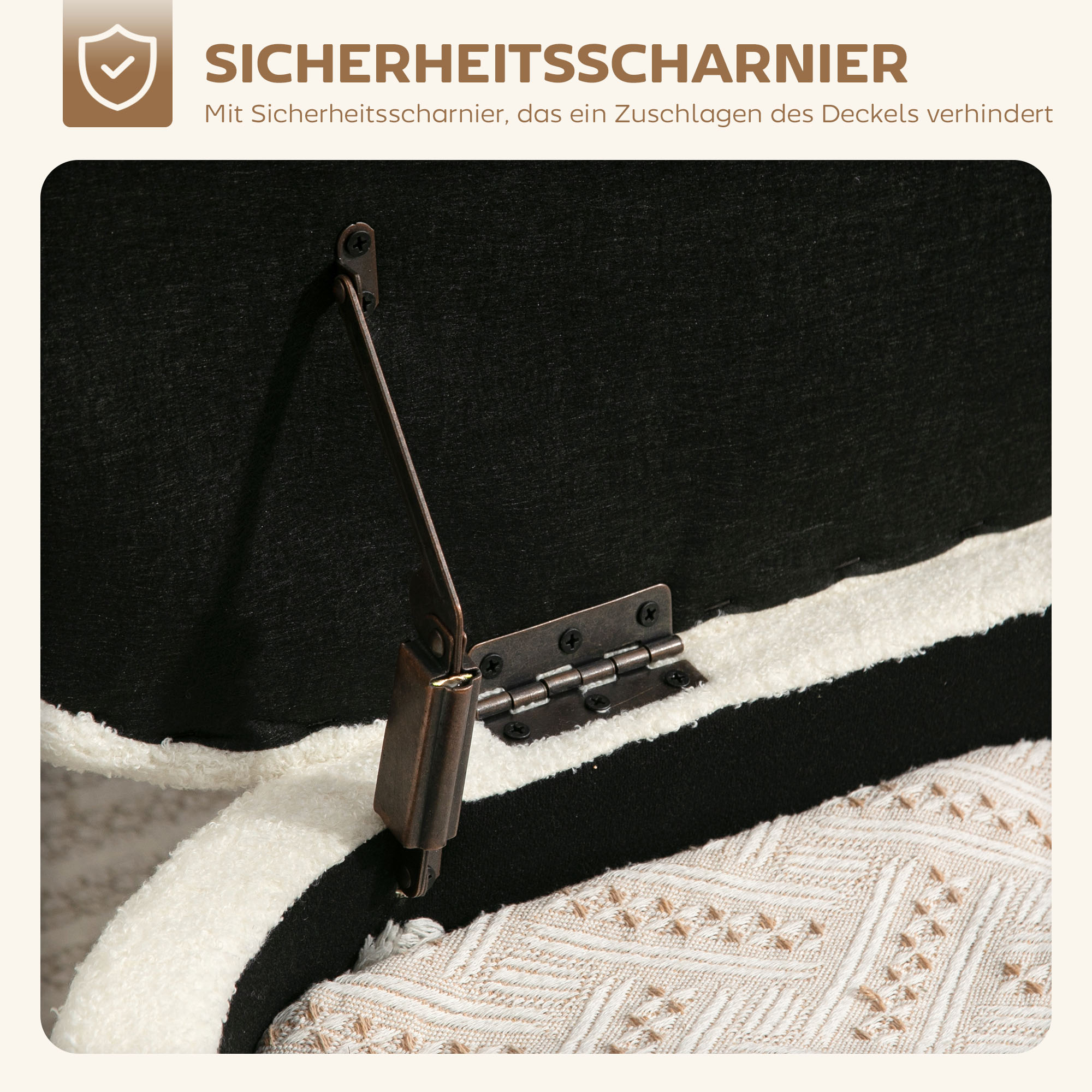 Aufbewahrungs-Hocker, Sitzhocker mit Deckel und Stauraum, Stahlbeine, Polsterhocker mit Fleece-Bezug, Cremeweiß
