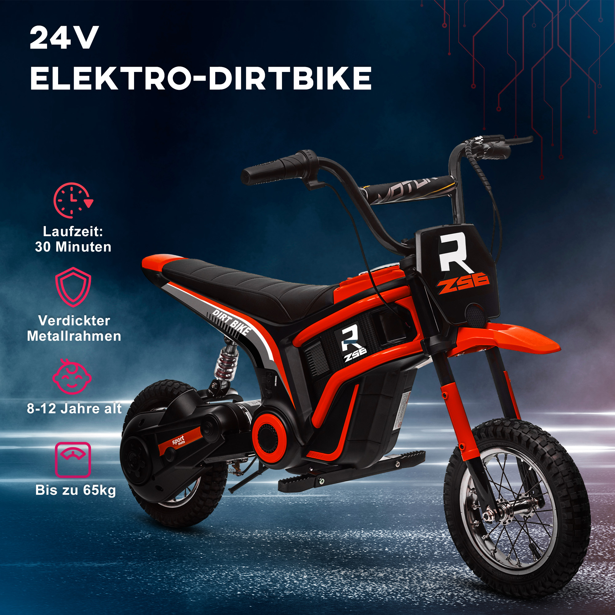 Elektro-Motorrad für Kinder, 24V Kindermotorrad mit Hupe, Leuchte, mit Drehgriff-Gashebel, 8-16 km/h, 8-12 Jahre, Rot