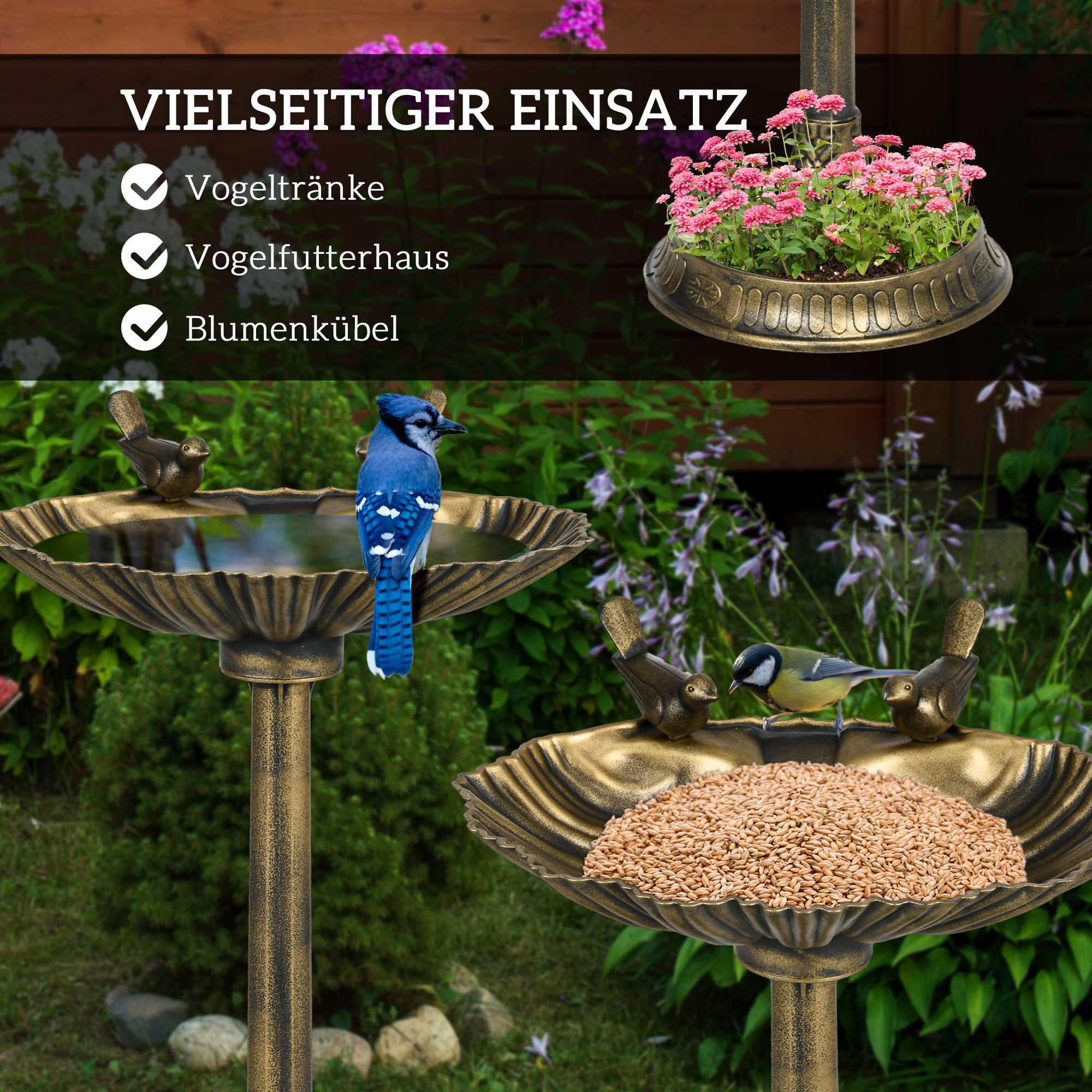 Vogeltränke, Vogelbad mit Statuen, 2 Becken, Kunststoff, antiker Look, 49,5L x 38B x 81H cm, Bronzefarben