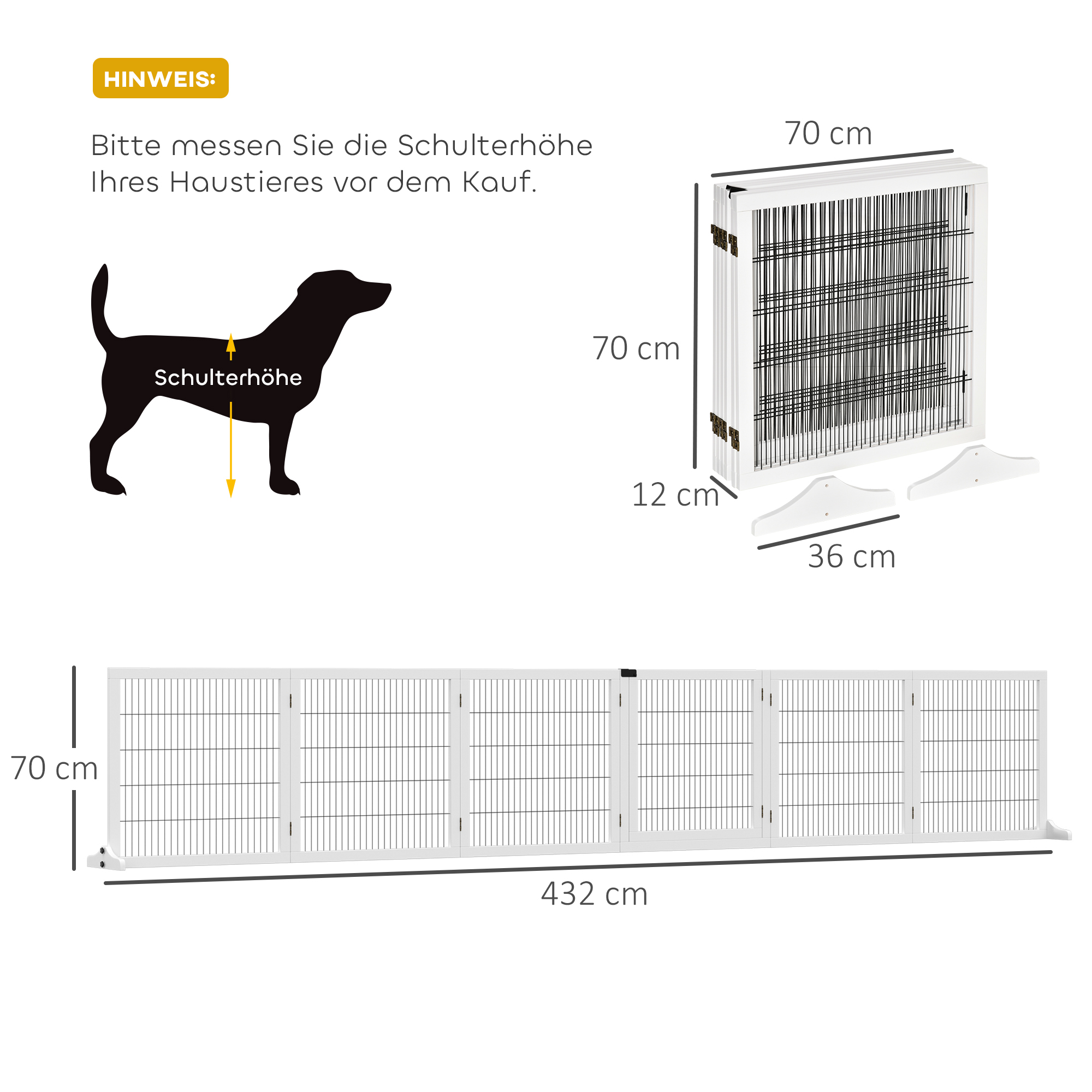 Absperrgitter für Hunde, klappbar, 432 x 36 x 70 cm, Kiefernholz, Weiß