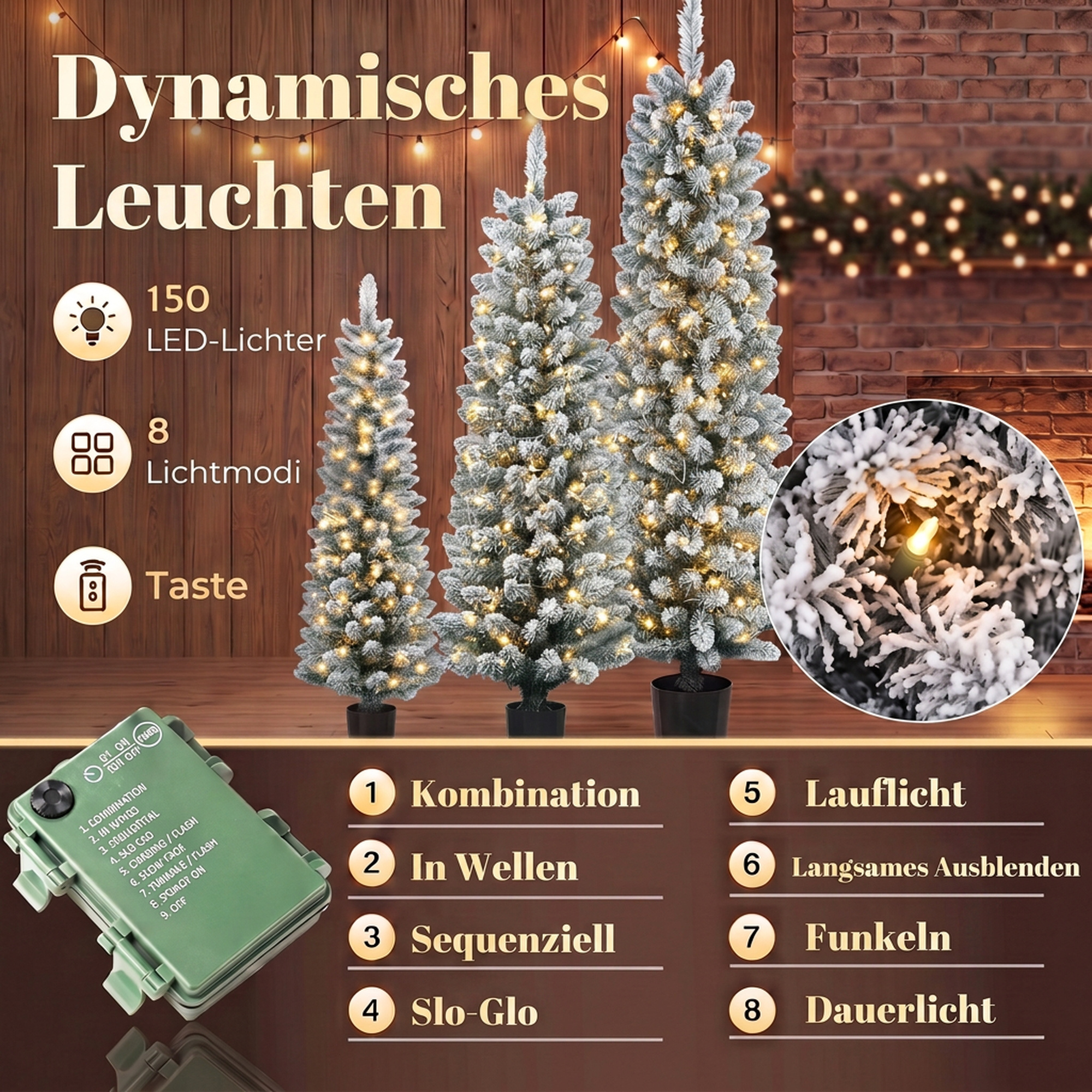 3er-Set schneebeflockte LED-Weihnachtsbäume, schmal, mit PVC-Zweigen, 90/120/150 cm