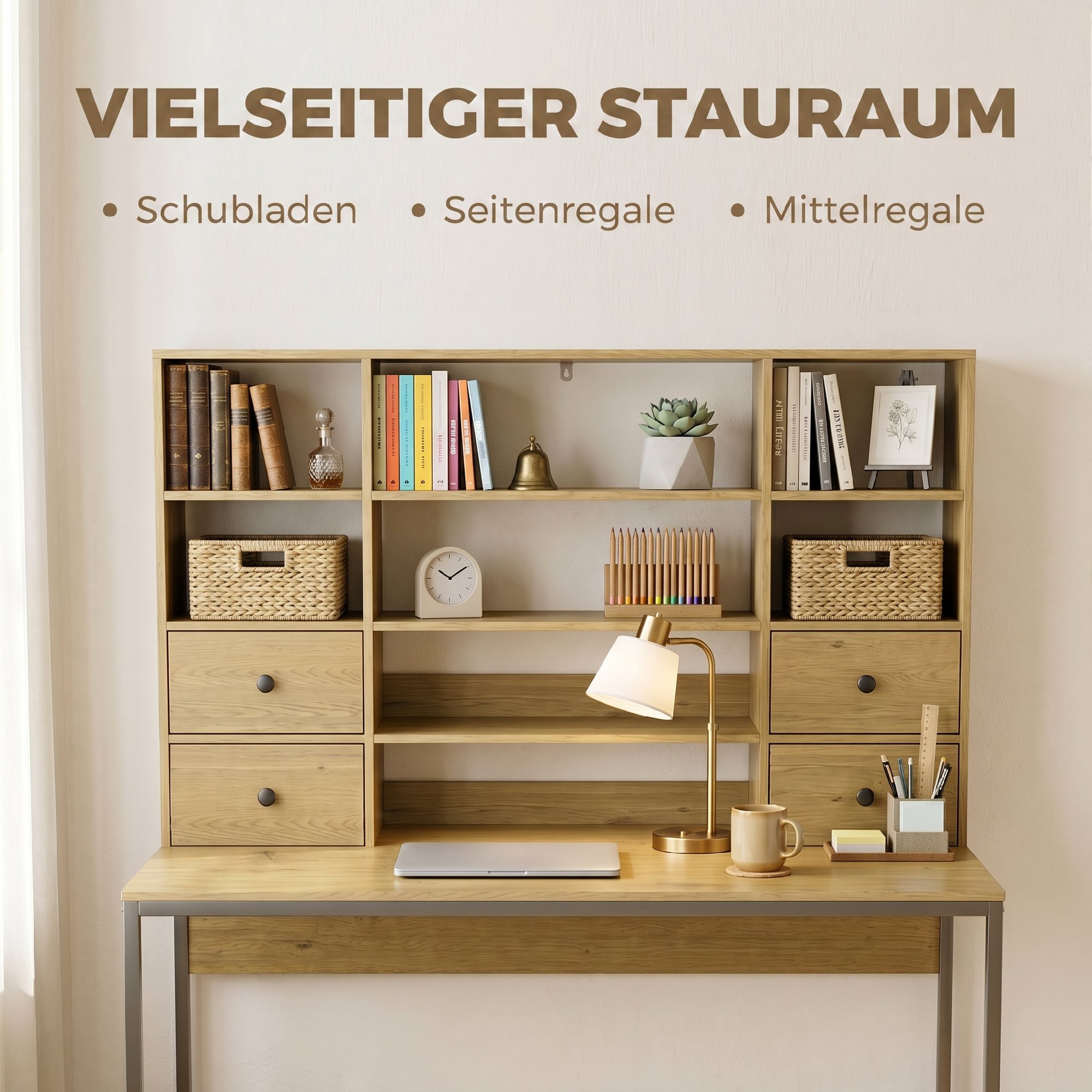 Computertisch mit 4 Schubladen und Regalen, Schreibtisch 105 cm, Naturholz