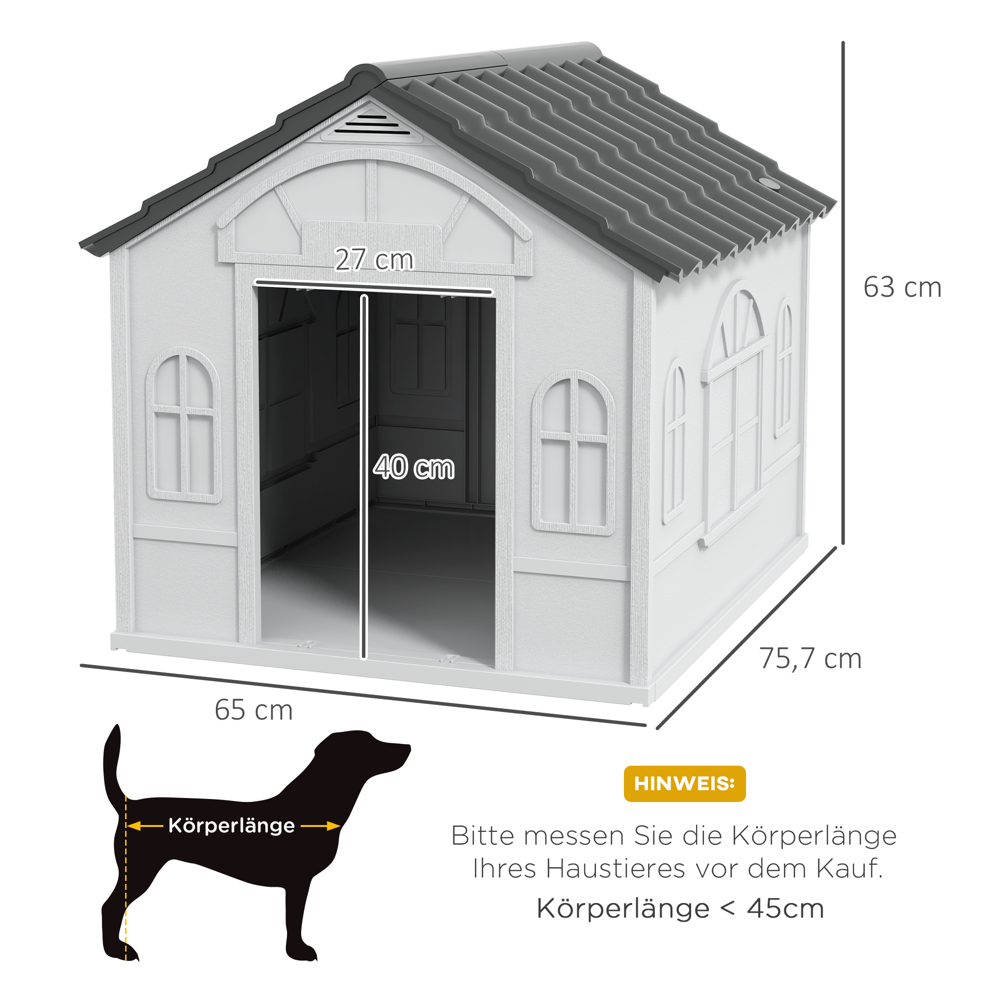 Hundehütte mit Satteldach, wetterfest, Kunststoff, 65 x 75,7 x 63 cm, Grau