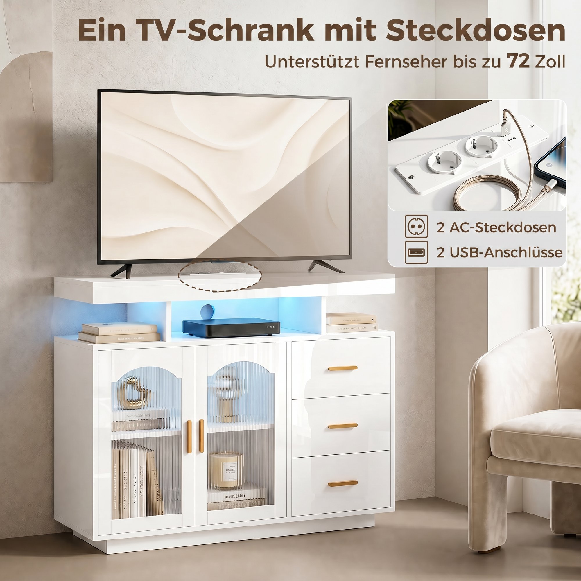 Sideboard mit LED-Beleuchtung, eingebauten Steckdosen, 3 Schubladen, Regalen und 2 Acryl-Türen, Hochglanz Weiß