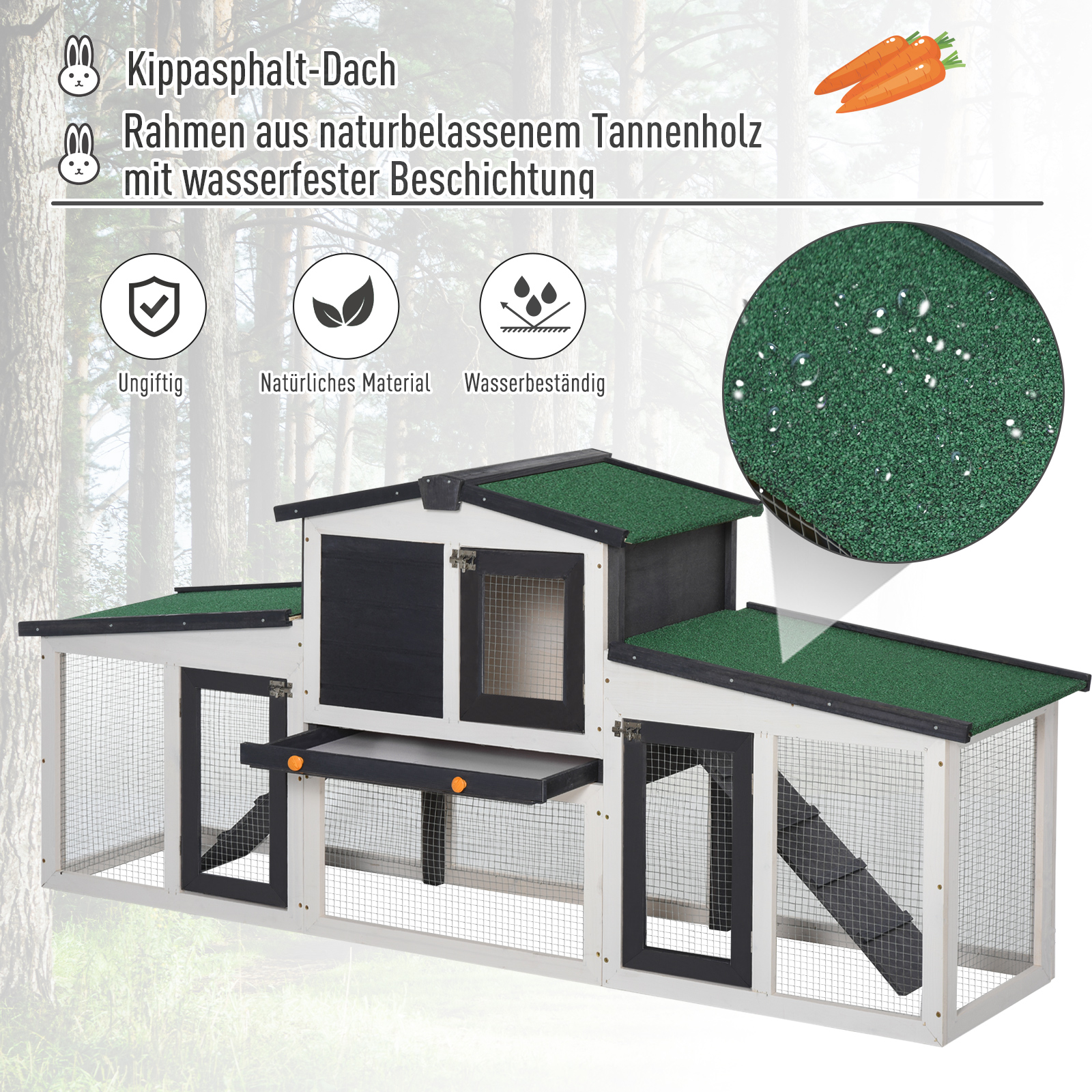 Kleintierstall mit 2 Freigehegen wetterbeständig Tannenholz Weiß + Grün