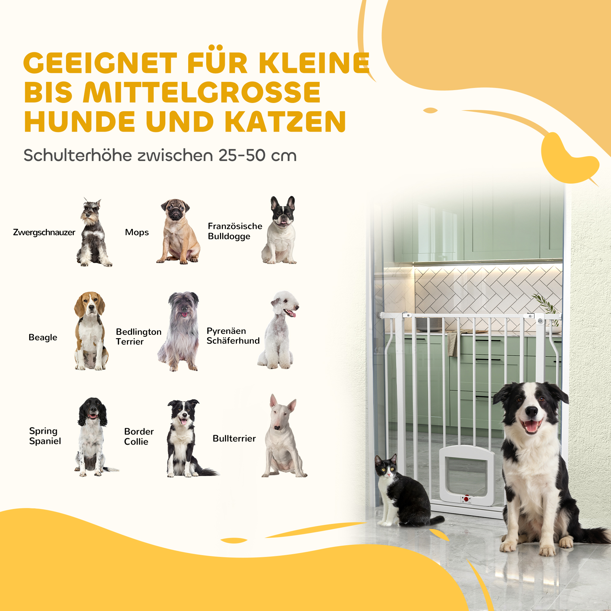 Treppenschutzgitter Türschutzgitter mit Katzenklappe ohne Bohren 75-85 cm aus Stahl für Hunde, Treppen, Tür, Weiß