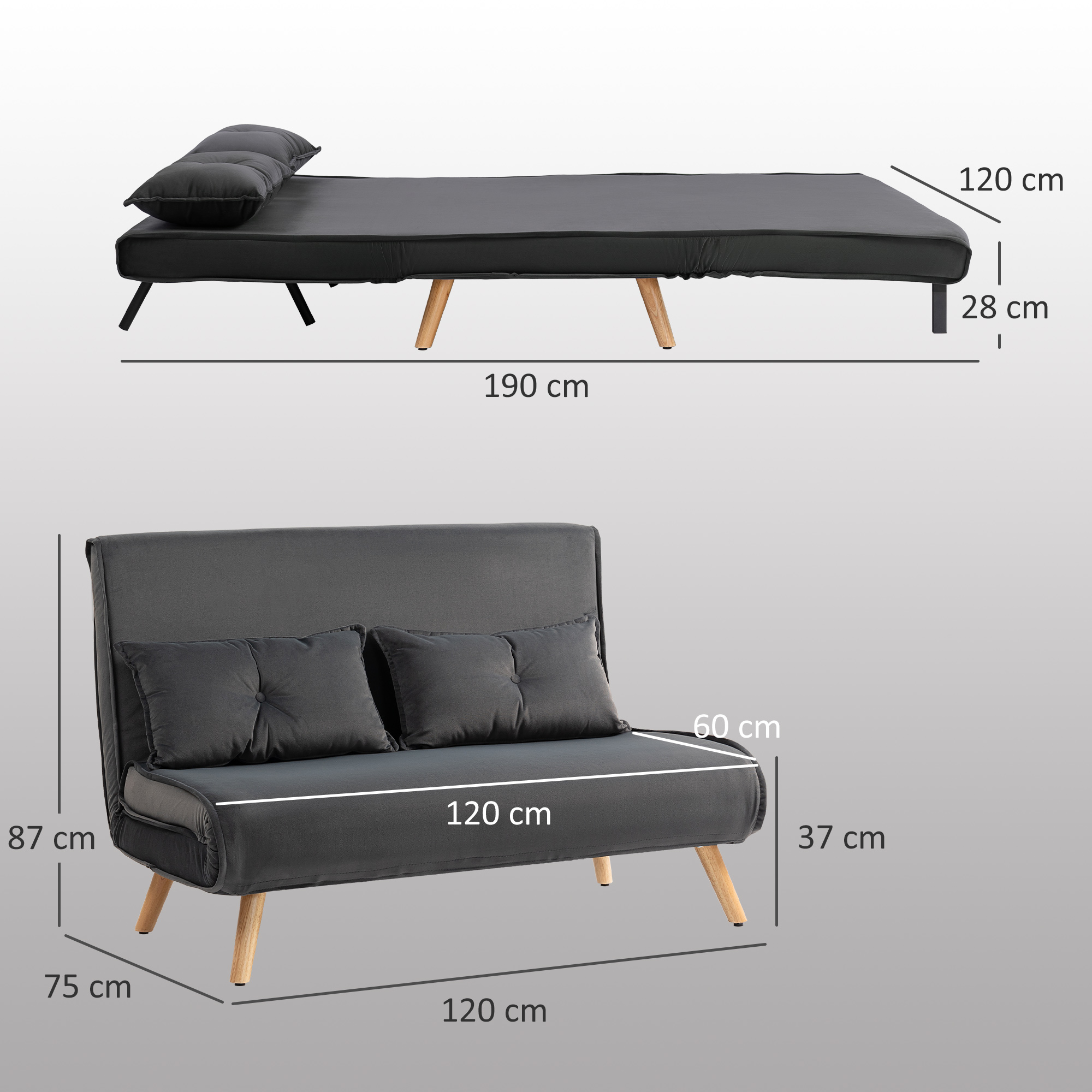 2-Sitzer-Schlafsofa, Bettsofa, in Bett umwandelbare Couch, verstellbare Rückenlehne, Stoffbezug, Metallrahmen, Grau