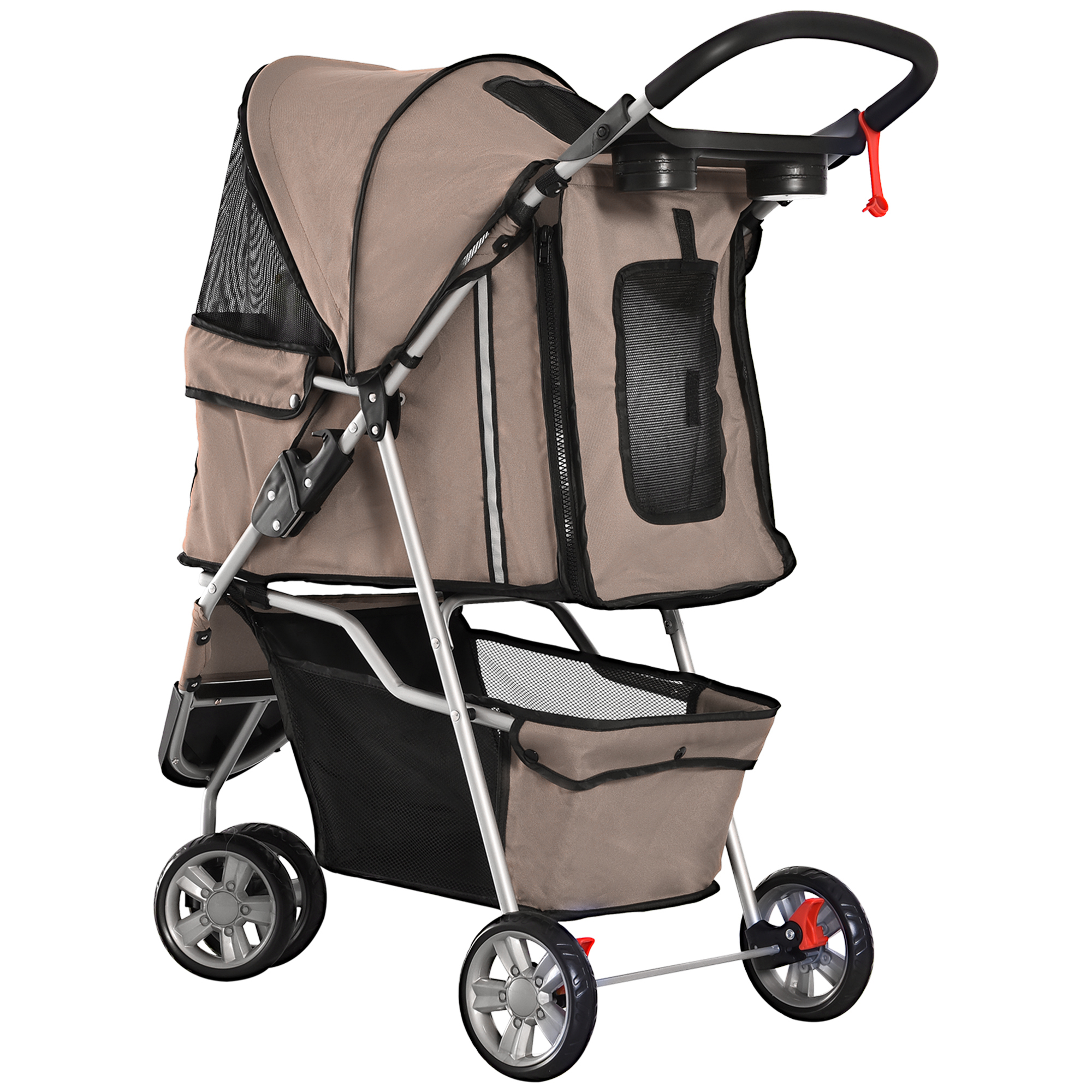 Hundebuggy Hundewagen bis 10 kg Klappbar Bodenkorb 2 Becherhalter verstellbares Vordach Kaffeebraun