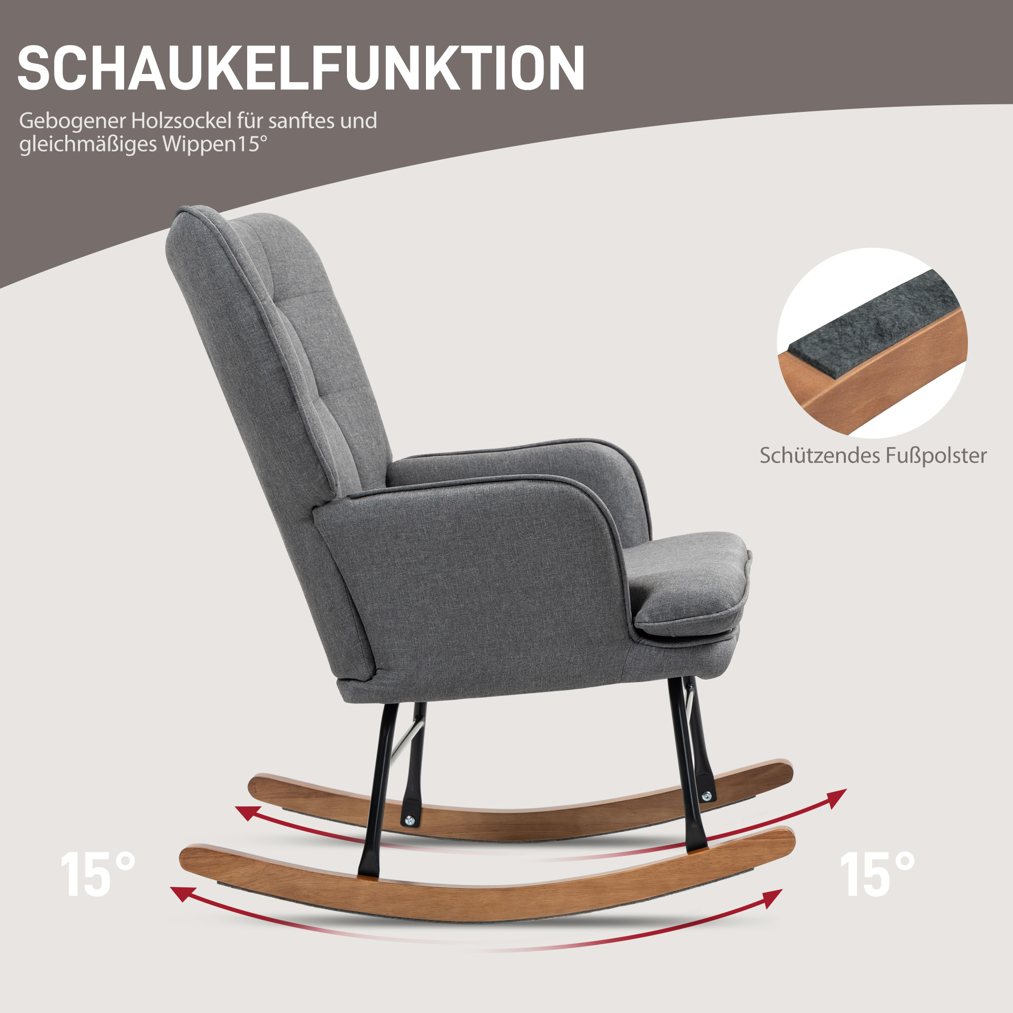 Schaukelstuhl mit Hocker, komfortabel, bis 130 kg, Leinenoptik, 64x89x90cm, Dunkelgrau