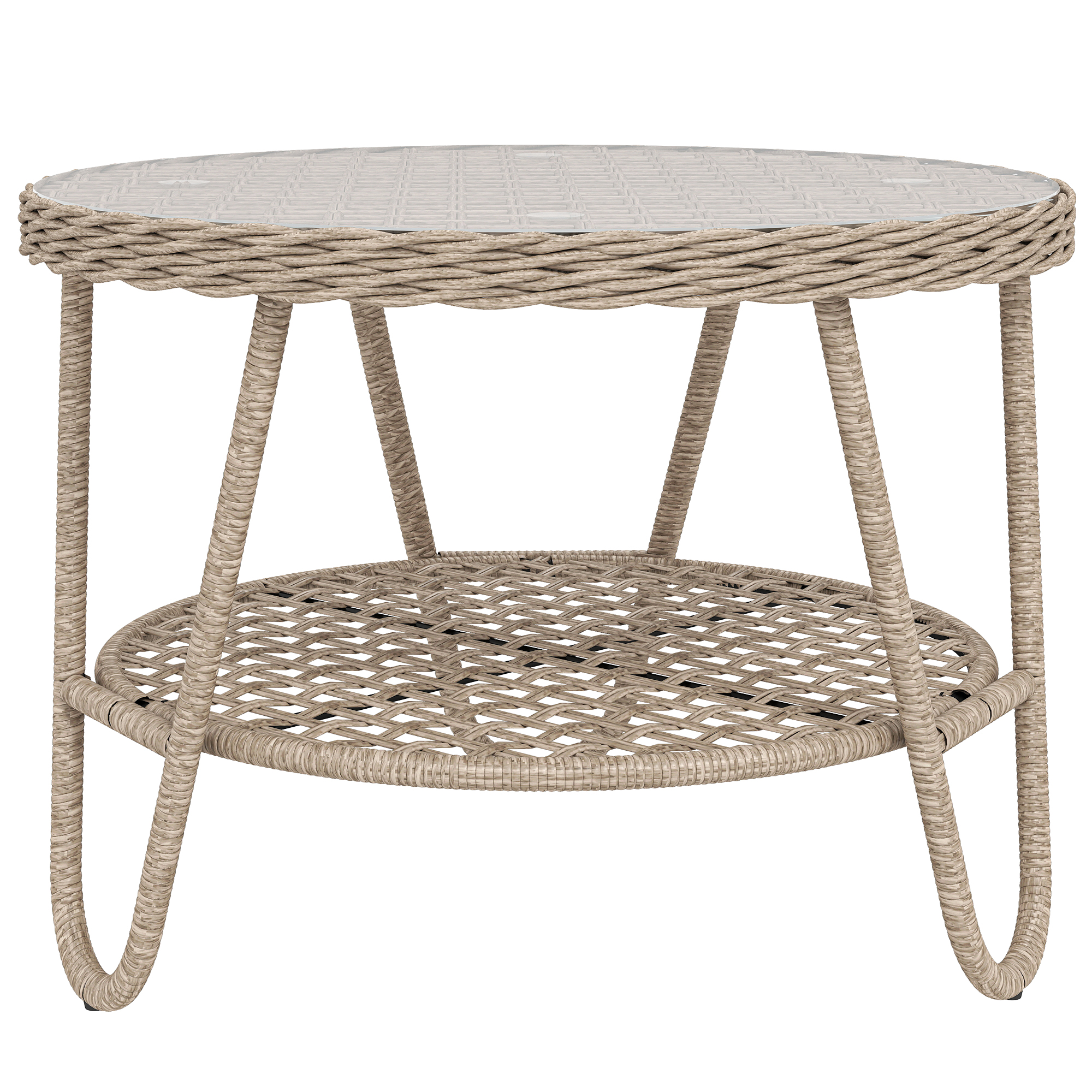 Beistelltisch aus Polyrattan 2-stöckiger Kaffeetisch mit Ablage Glasplatte verstellbaren Füßen 65 x 65 x 50 cm Gelb