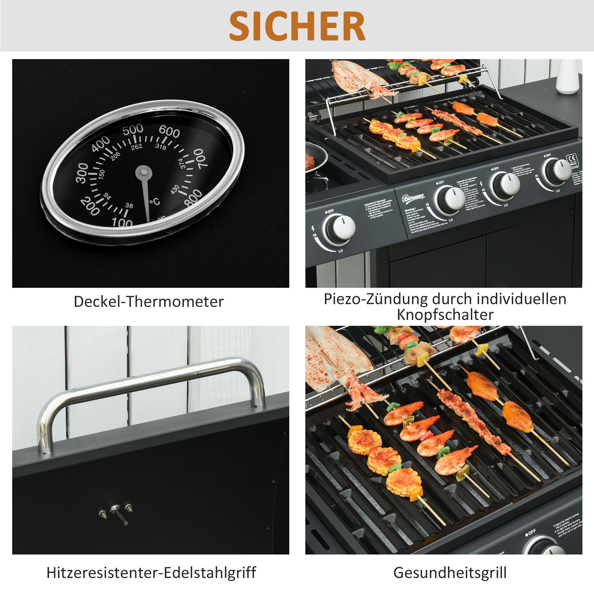 Gasgrill mit 3 Hauptbrennern + 1 Seitenbrenner, Ablage, rostfreier Stahl, schwarz, 110 x 50 x 100 cm