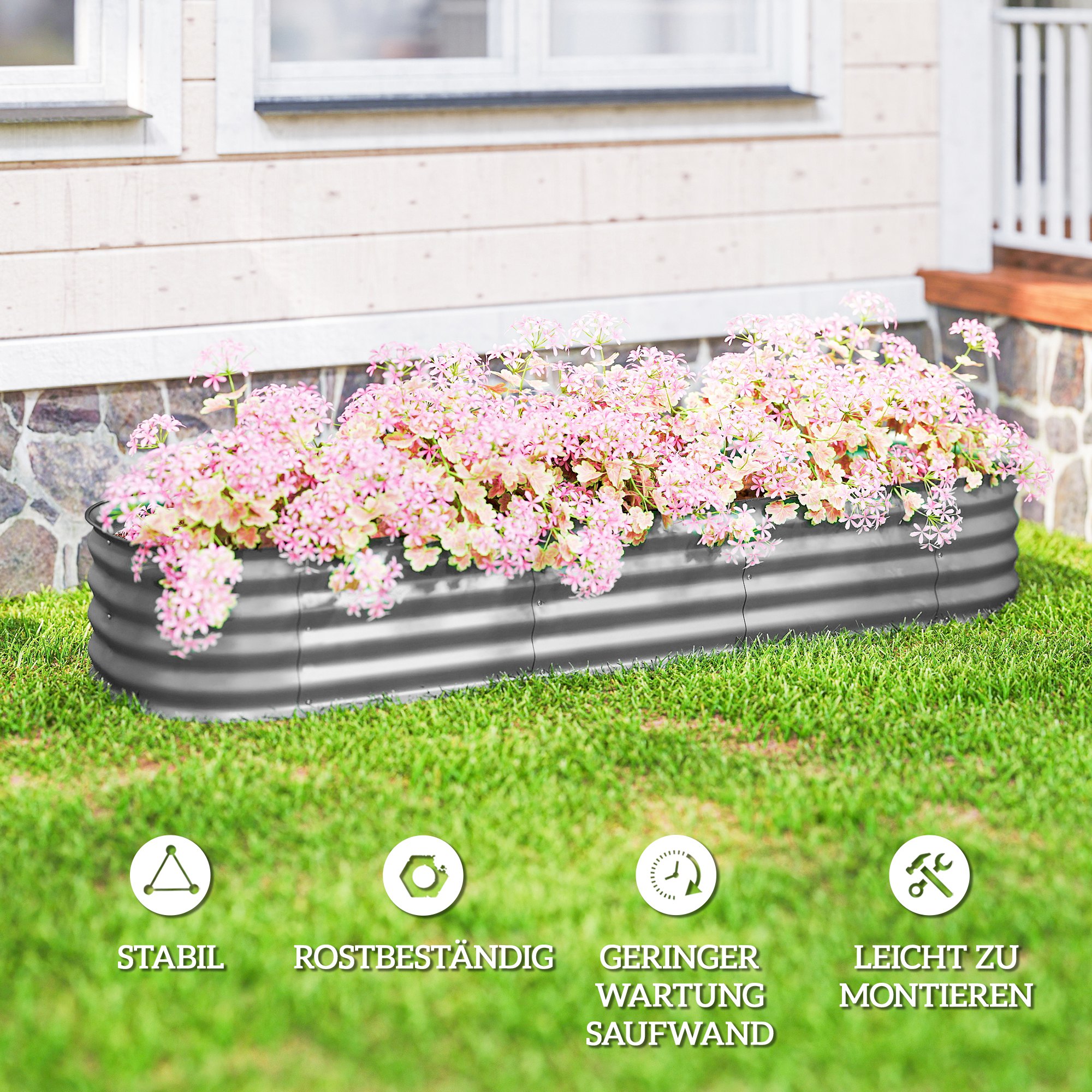 Hochbeet Pflanzenbeet, modulares Hochbett, geschützte Kanten, Design ohne Boden,  195 x 62 x 30 cm, Silber